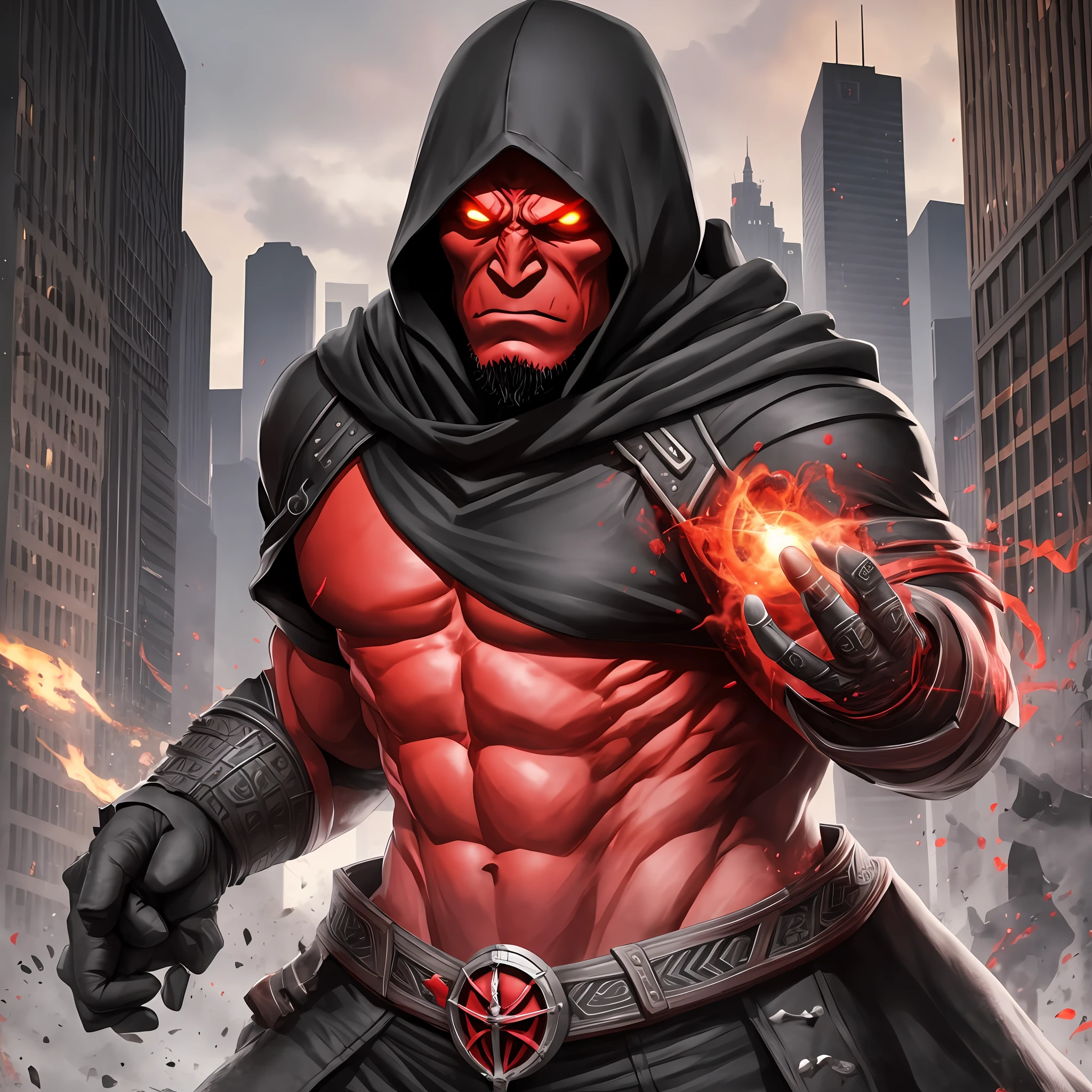 Create an assassin squid. I want him dressed in all black with a hood. He is not a human; he is 30% as strong as the Hulk, but 60% red orc and 10% Hellboy. --auto --s2