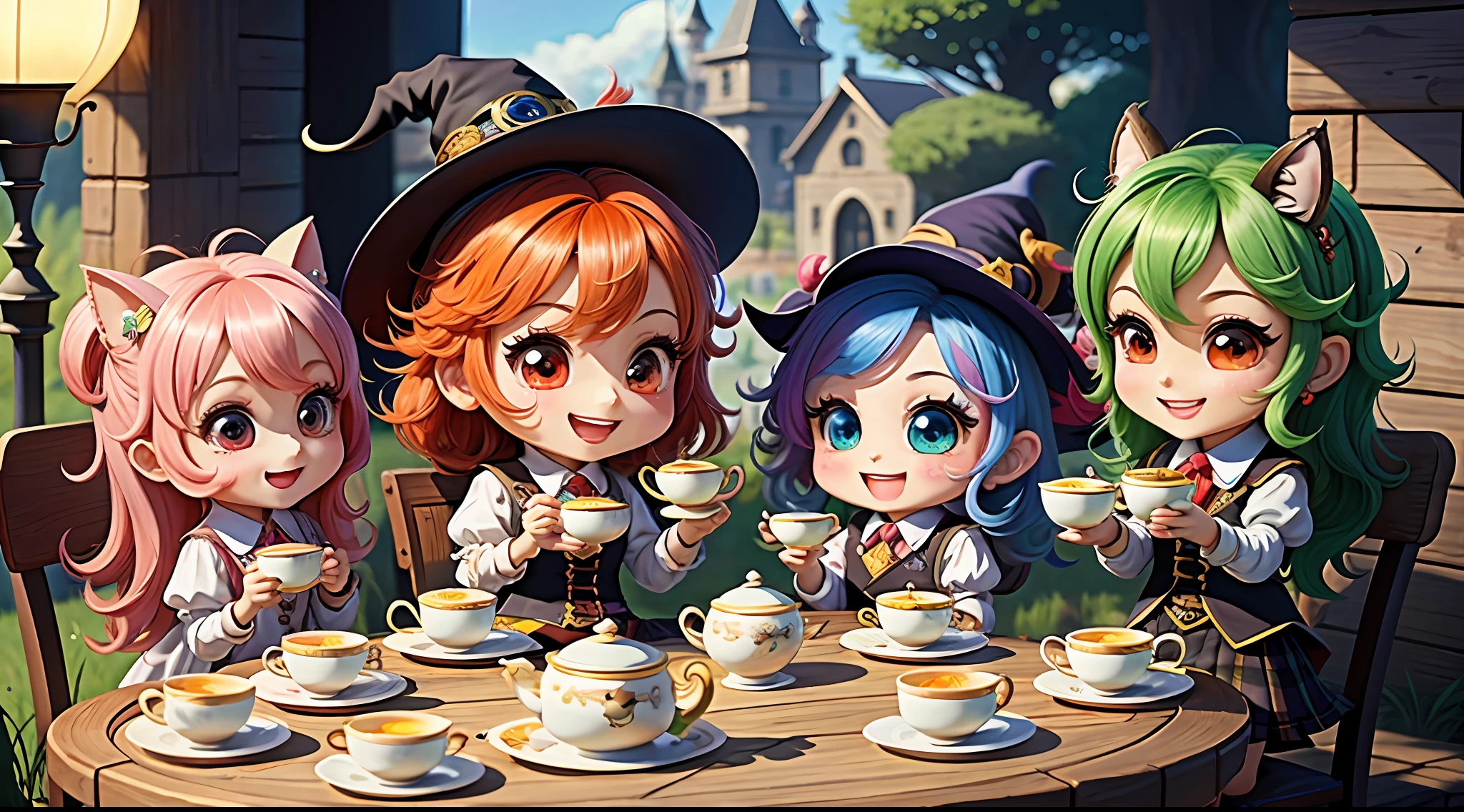 masterpiece, best quality, chibi, witch tea party, cute, happy, vibrant, colorful