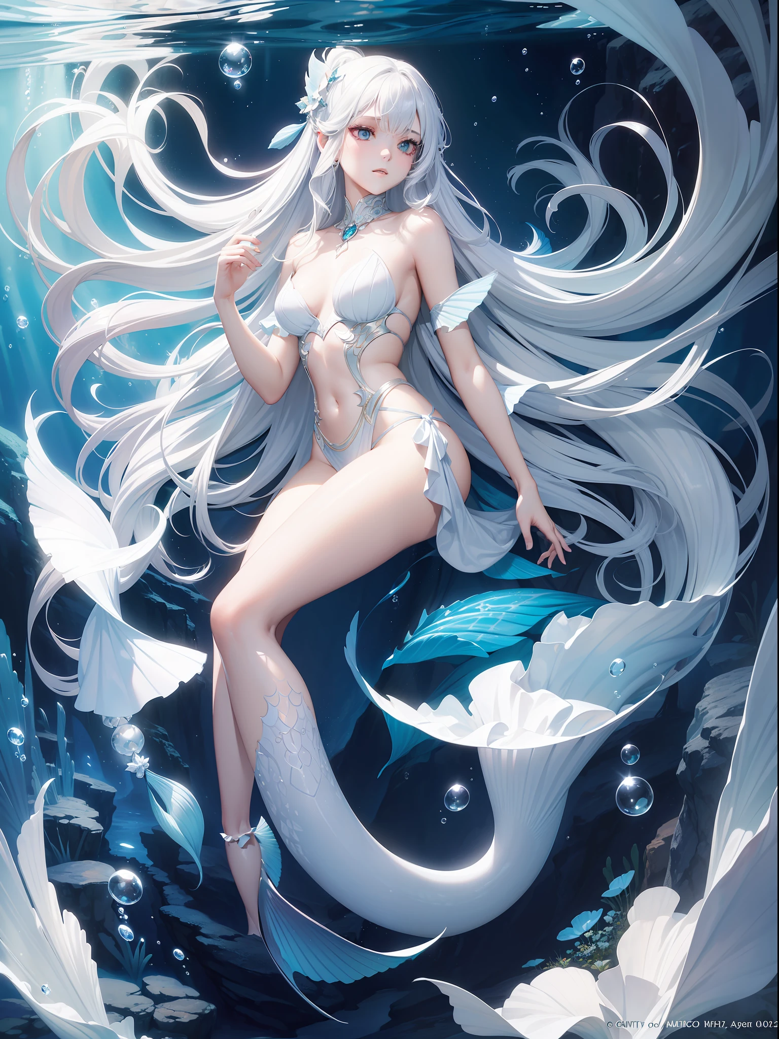 (Masterpiece, Top Quality, Best Quality, Official Art, Beauty and Aesthetics: 1.2), (Full Body, Medium) Mermaid, Dreamy, Ethereal, Romantic, White Hair, Silver Hair, Underwater, Air Bubbles, Flipping Cloth, Vivid and Beautiful Lighting --v 6