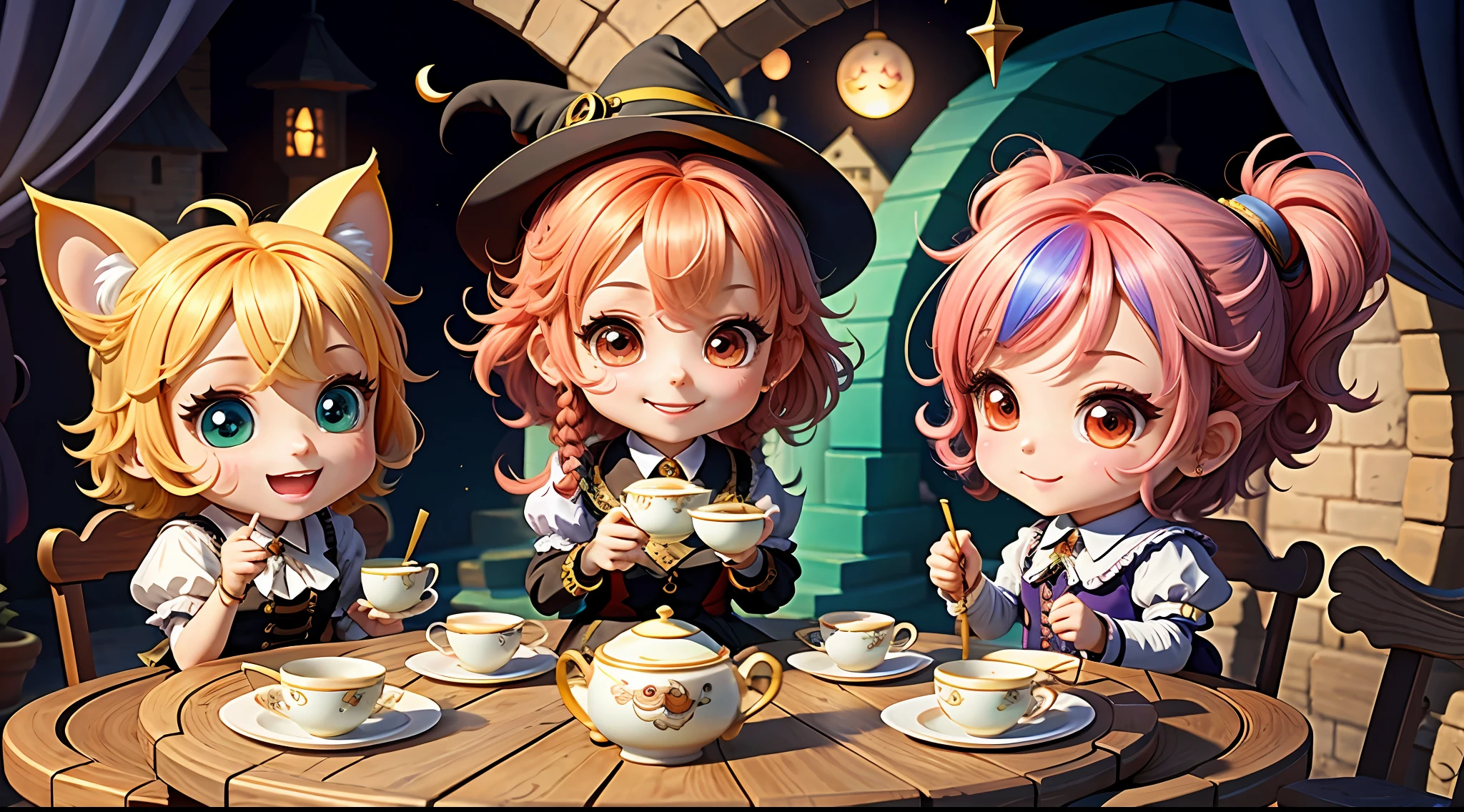 masterpiece, best quality, chibi, witch tea party, cute, happy, vibrant, colorful