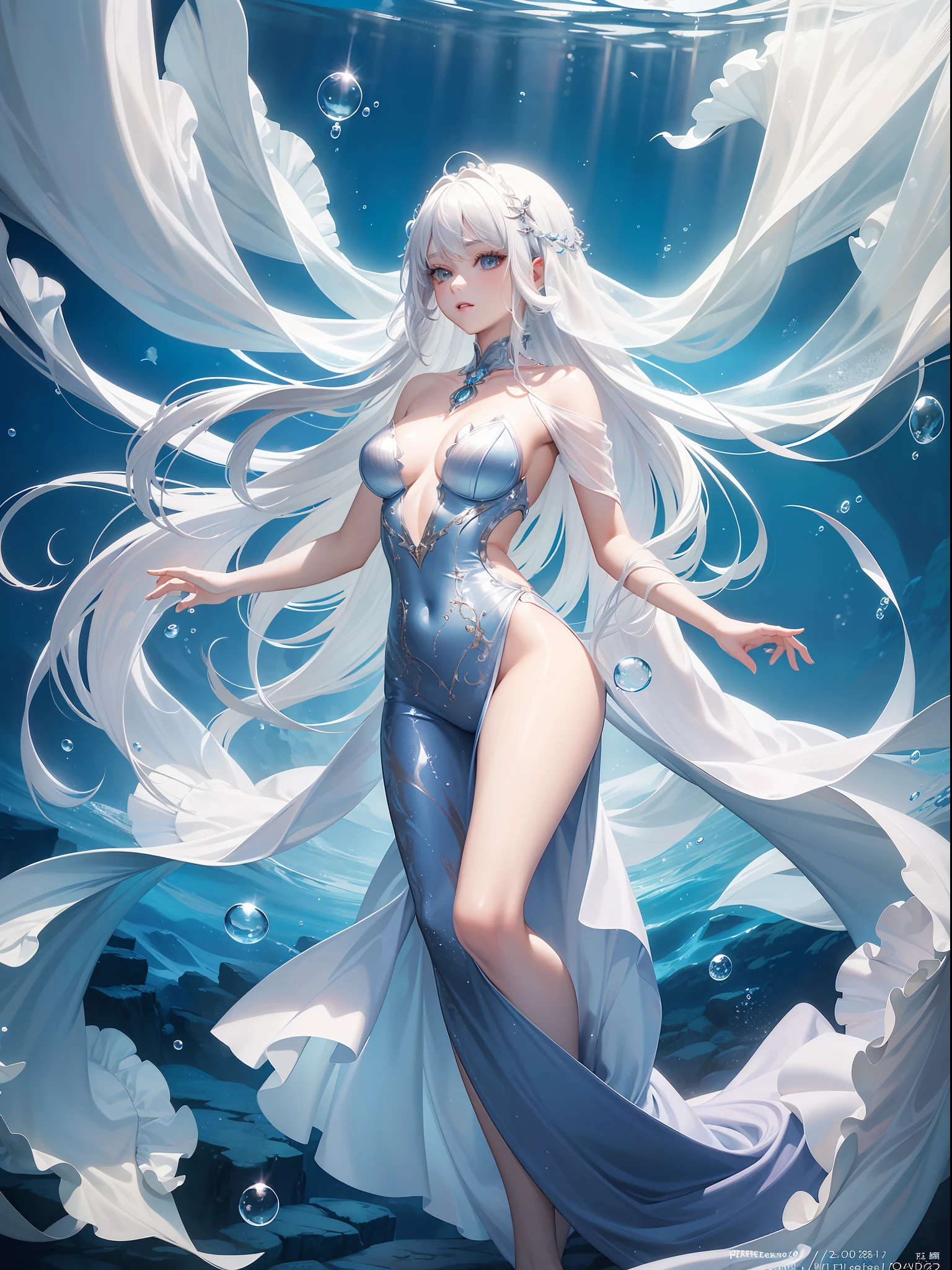 (Masterpiece, Top Quality, Best Quality, Official Art, Beauty and Aesthetics: 1.2), (Full Body, Medium) Mermaid, Dreamy, Ethereal, Romantic, White Hair, Silver Hair, Underwater, Air Bubbles, Flipping Cloth, Vivid and Beautiful Lighting --v 6