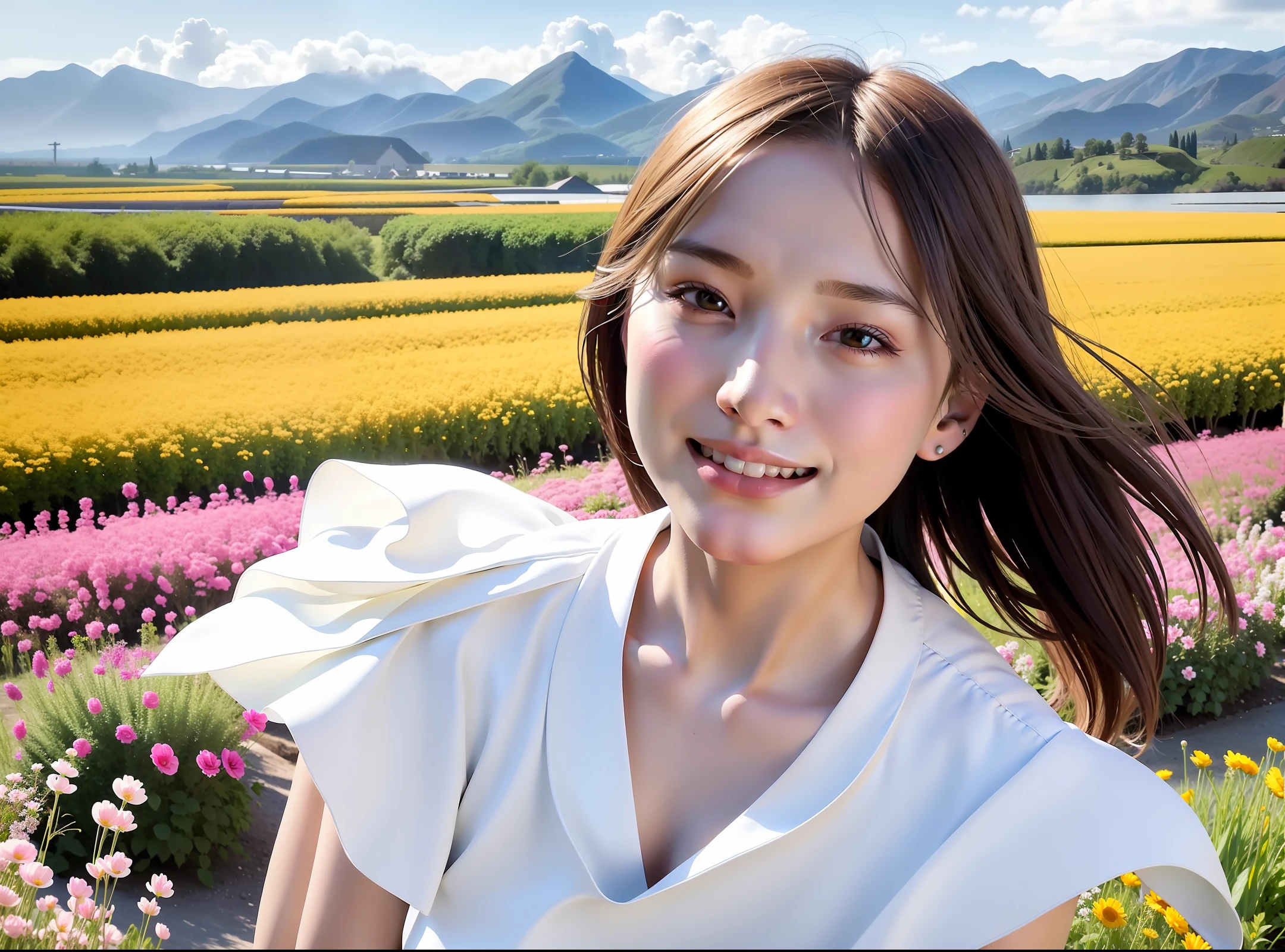 1girl, dynamic angle, cloud and mountain, (flower field:1.4) in the foreground, white dress, light tracing, (floating colorful wind:1)(photorealistic:1.4), official art, unity 8k wallpaper, ultra detailed, beautiful and aesthetic, masterpiece,best quality, glowing skin, cinematic lighting, light smile