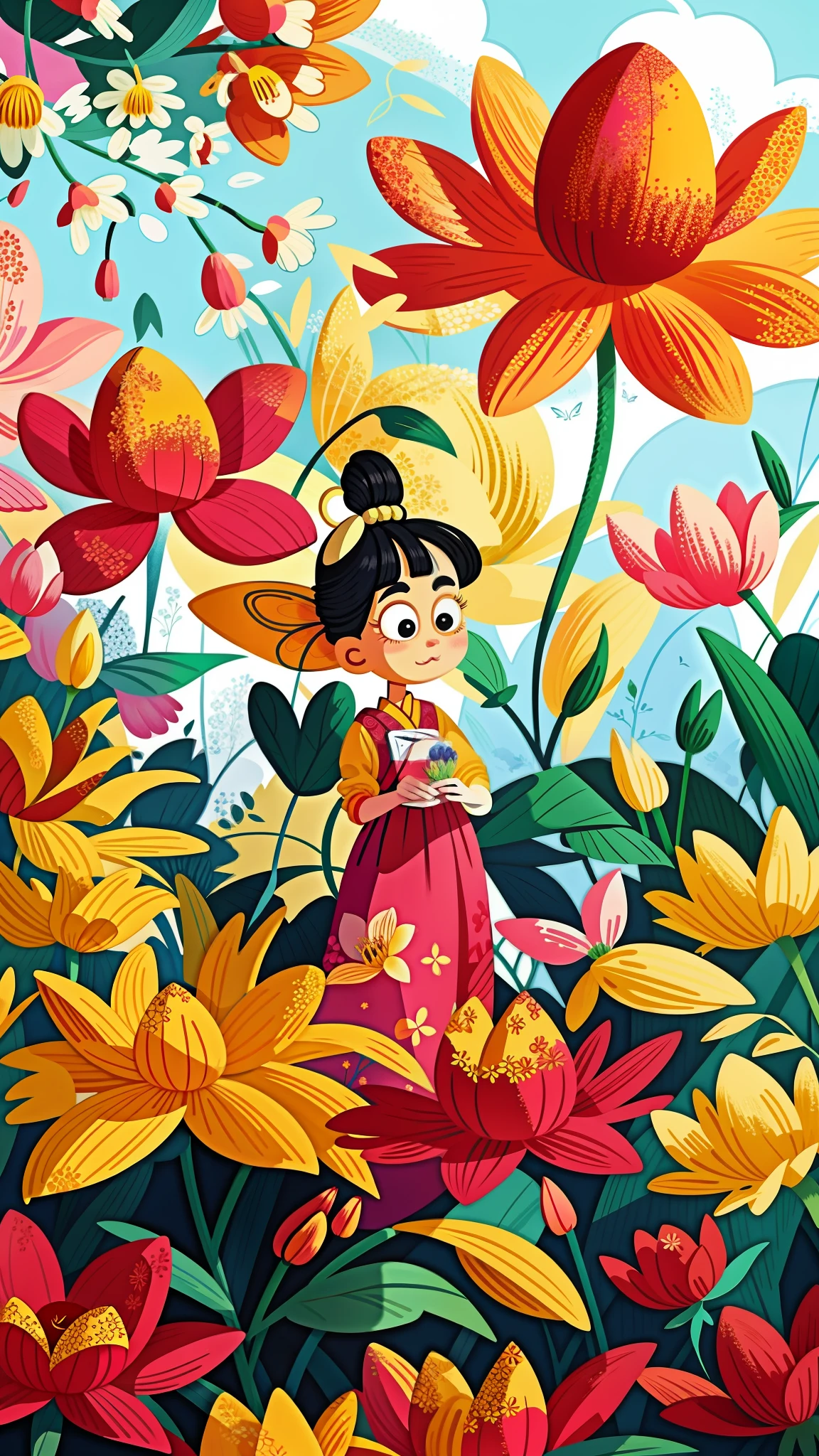 close-up of a cartoon girl, cute girl, kawaii, big eyes, spring scene, spring, flowers, meadow, warm sun, delicate face, fairy tale style, beautiful sky, wearing a beautiful dress, super high detail, super high resolution, award-winning work, masterpiece, lo-fi illustration style, flat illustration, cute illustration, surrounded by yellow-pink red flowers, digital illustration style, fantastic, beautiful artwork illustration, high quality detail art, beautiful scenes,, beautiful artwork illustration, Hand drawn cartoon art style, painting illustration, simple and clean illustration, inspired by Ma Yuanyu, Yang J, inspired by Cui Bai, inspired by Puhua