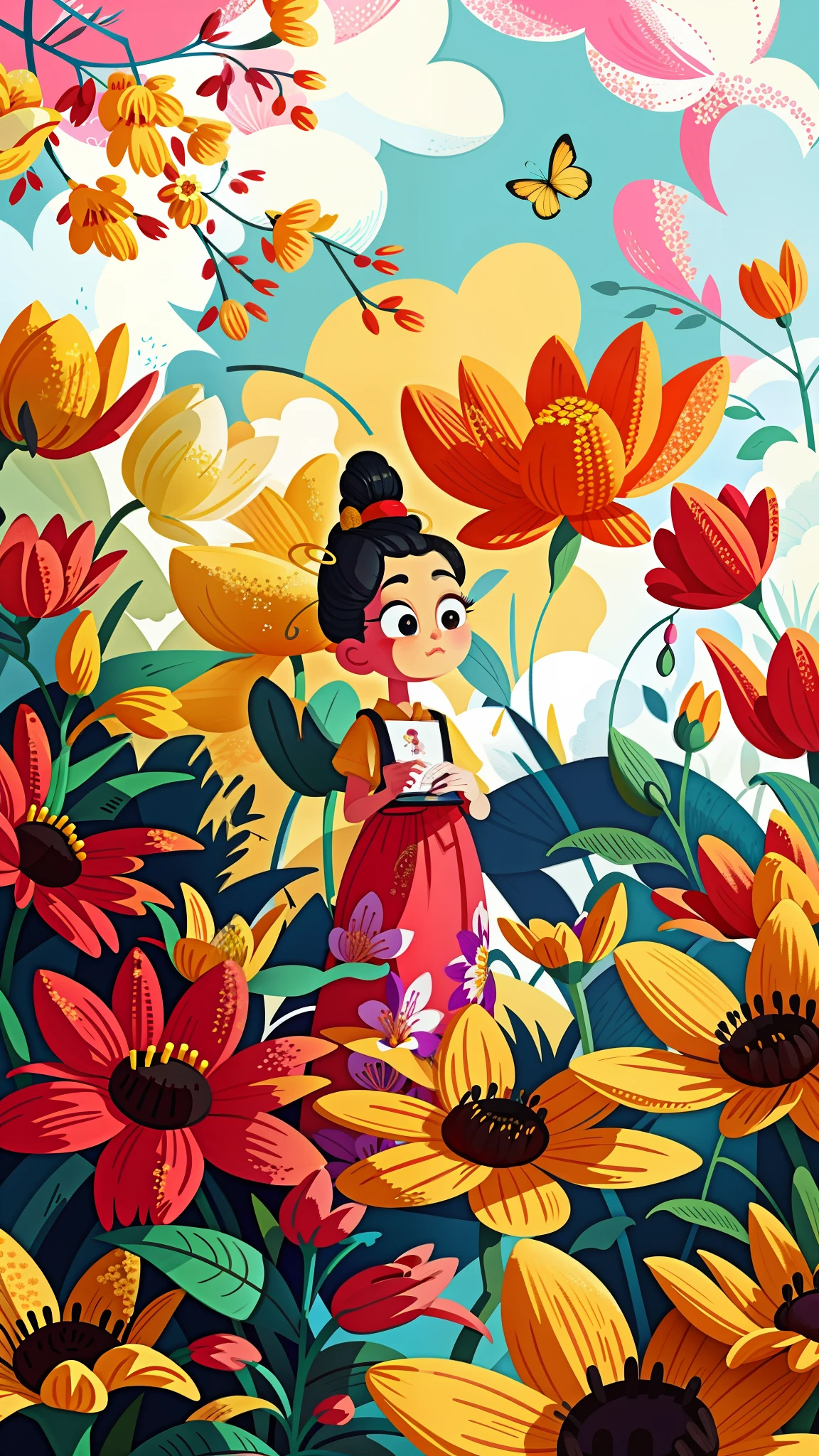 close-up of a cartoon girl, cute girl, kawaii, big eyes, spring scene, spring, flowers, meadow, warm sun, delicate face, fairy tale style, beautiful sky, wearing a beautiful dress, super high detail, super high resolution, award-winning work, masterpiece, lo-fi illustration style, flat illustration, cute illustration, surrounded by yellow-pink red flowers, digital illustration style, fantastic, beautiful artwork illustration, high quality detail art, beautiful scenes,, beautiful artwork illustration, Hand drawn cartoon art style, painting illustration, simple and clean illustration, inspired by Ma Yuanyu, Yang J, inspired by Cui Bai, inspired by Puhua