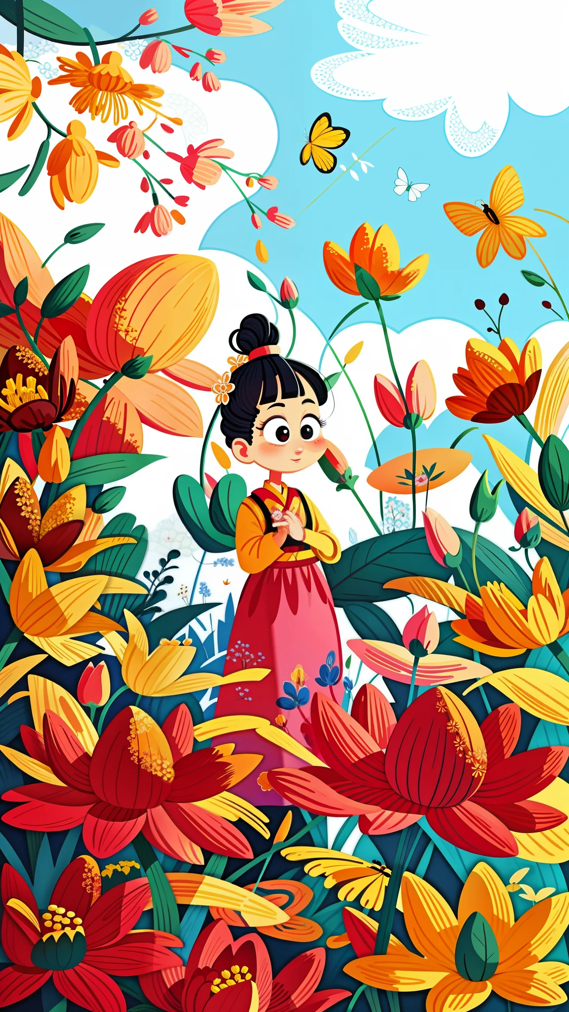 close-up of a cartoon girl, cute girl, kawaii, big eyes, spring scene, spring, flowers, meadow, warm sun, delicate face, fairy tale style, beautiful sky, wearing a beautiful dress, super high detail, super high resolution, award-winning work, masterpiece, lo-fi illustration style, flat illustration, cute illustration, surrounded by yellow-pink red flowers, digital illustration style, fantastic, beautiful artwork illustration, high quality detail art, beautiful scenes,, beautiful artwork illustration, Hand drawn cartoon art style, painting illustration, simple and clean illustration, inspired by Ma Yuanyu, Yang J, inspired by Cui Bai, inspired by Puhua