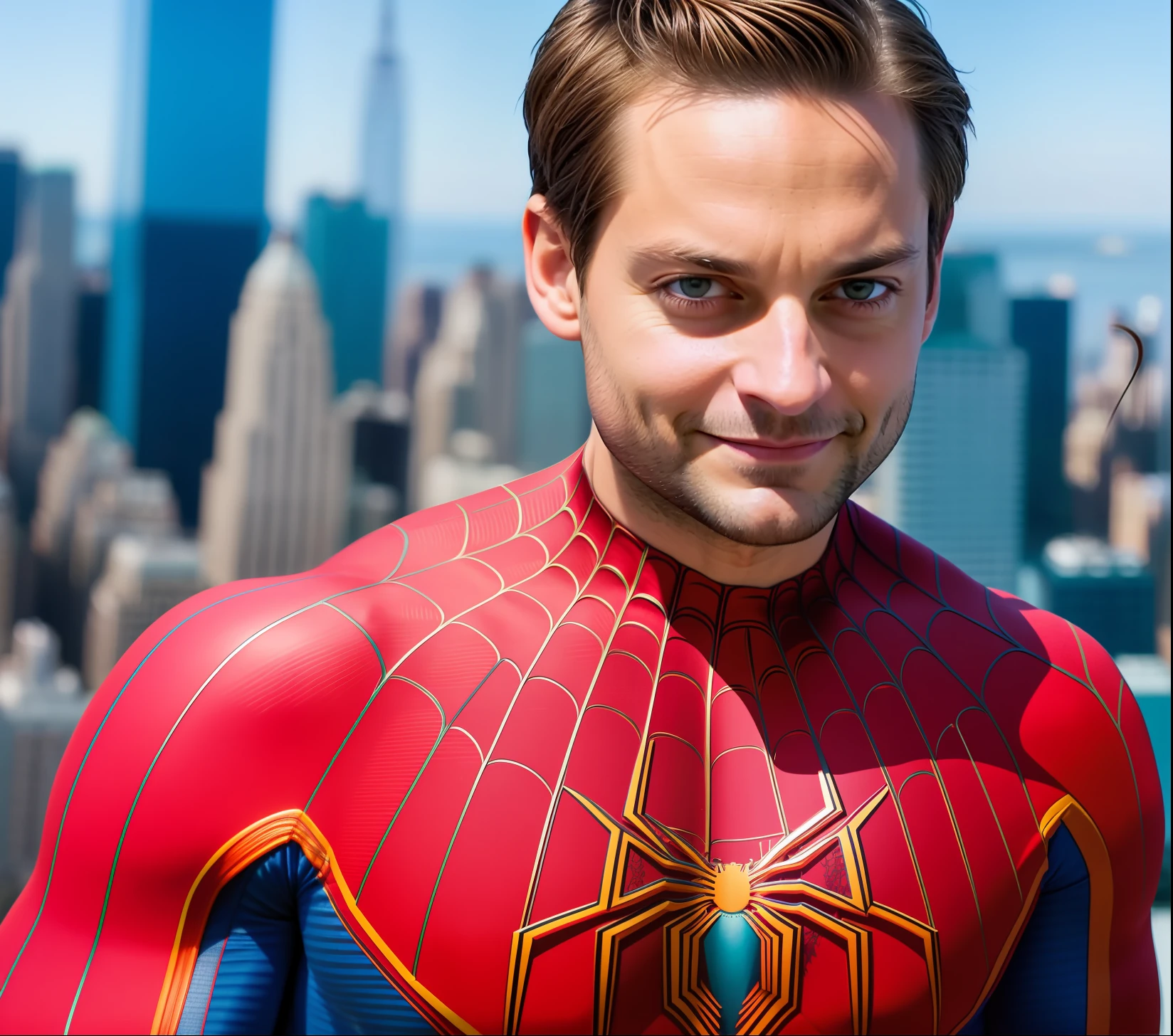 Vibrant photo, photo portrait of 31-year-old tobey maguire as spider-man, beard, muscular body, vascular arms, scenic lighting, new york background