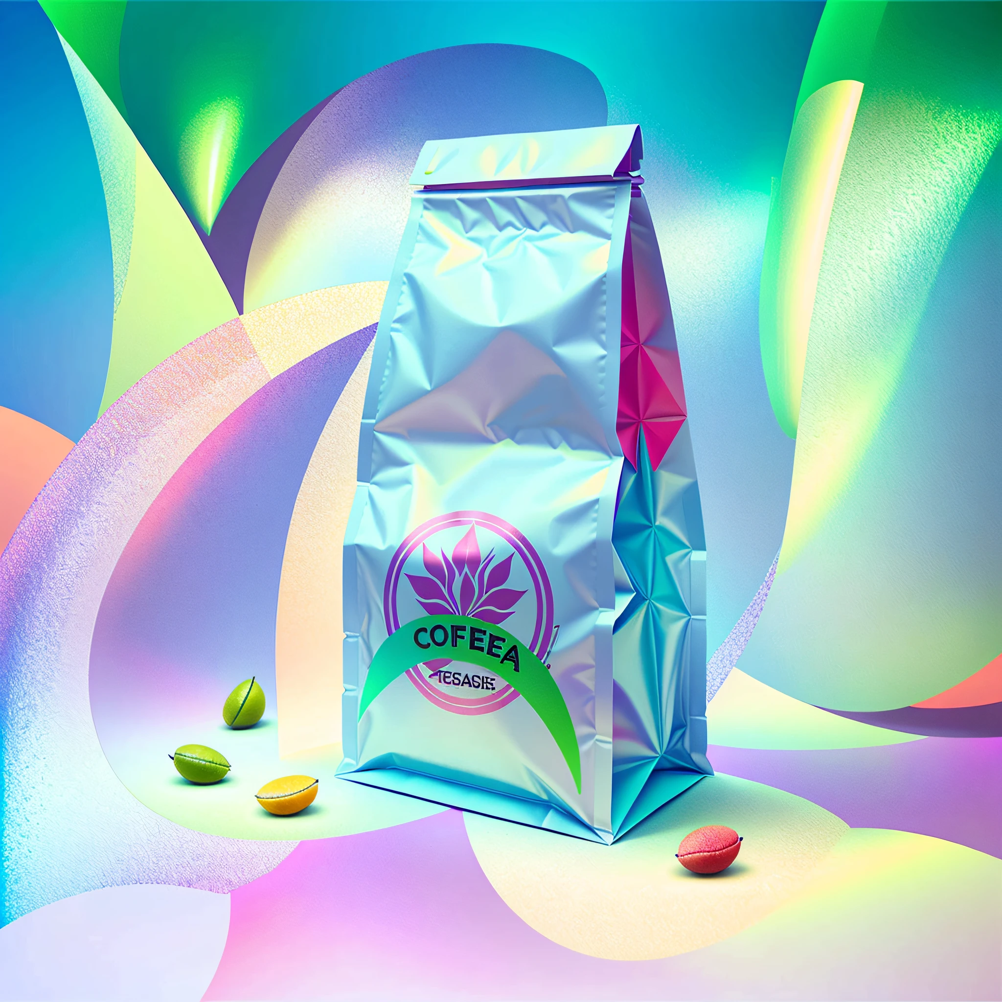 Coffee bean product packaging bag, the packaging has the style of coffee beans, tropical fruits and coffee beans are reasonably distributed on the packaging, the whole is mainly green and blue, the color distribution can be 50% each, pop style