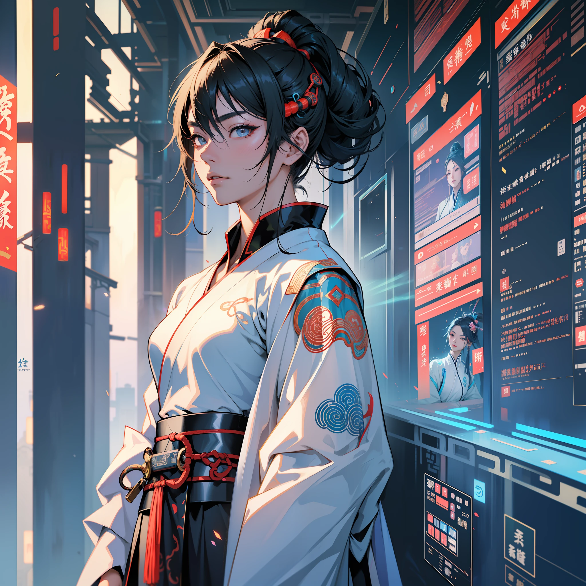 An ancient Chinese girl, full body, cyberpunk, holographic aura, surreal science fiction art, futuristic science fiction aesthetics, Hanfu, costumes influenced by ancient Chinese opera, amazing facial features, game models, movie edge light, delicate light, masterpiece, super detailed, epic composition, super HD, high quality, highest quality, 32k --niji 5