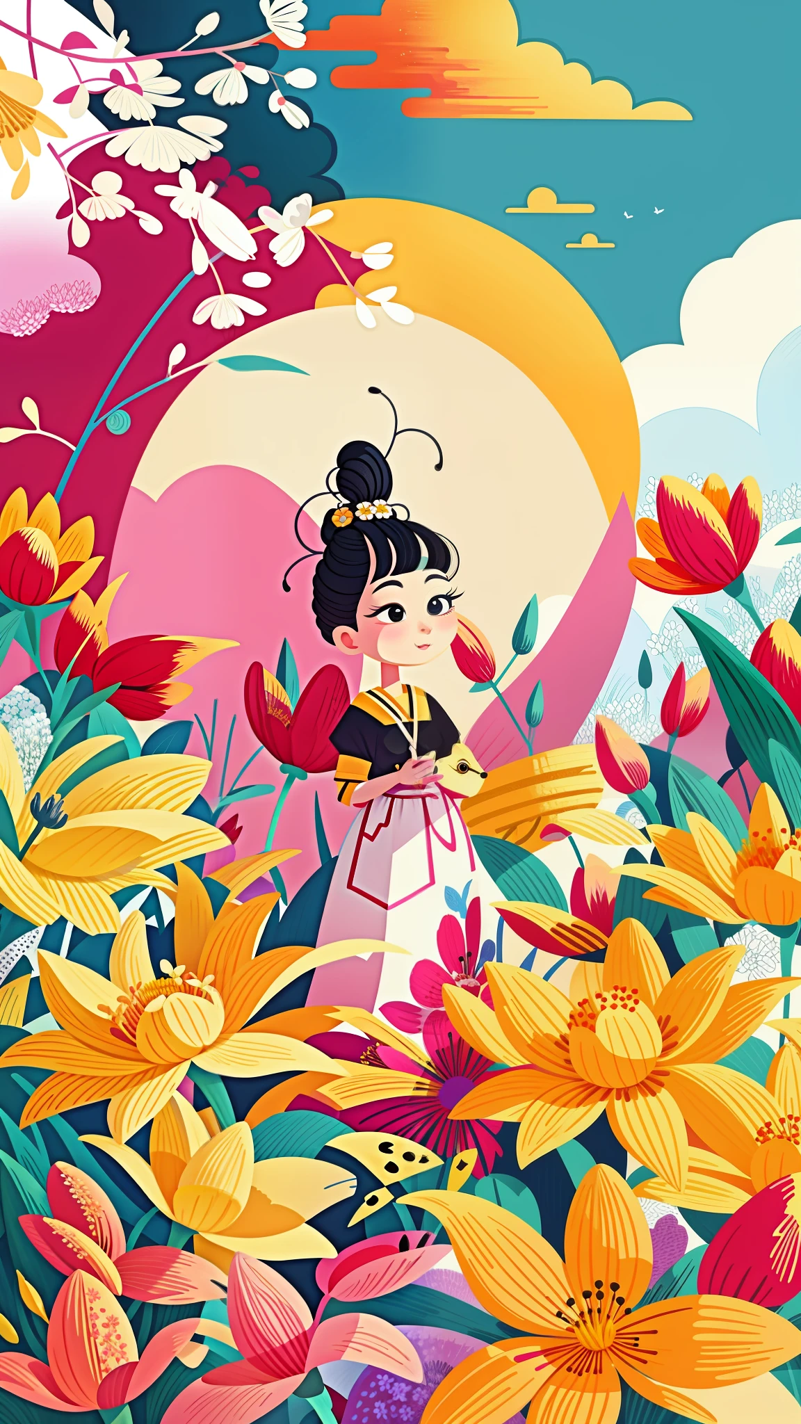 close-up of a cartoon girl, cute girl, kawaii, big eyes, spring scene, spring, flowers, meadow, warm sun, delicate face, fairy tale style, beautiful sky, wearing a beautiful dress, super high detail, super high resolution, award-winning work, masterpiece, lo-fi illustration style, flat illustration, cute illustration, surrounded by yellow-pink red flowers, digital illustration style, fantastic, beautiful artwork illustration, high quality detail art, beautiful scenes,, beautiful artwork illustration, Hand drawn cartoon art style, painting illustration, simple and clean illustration, inspired by Ma Yuanyu, Yang J, inspired by Cui Bai, inspired by Puhua