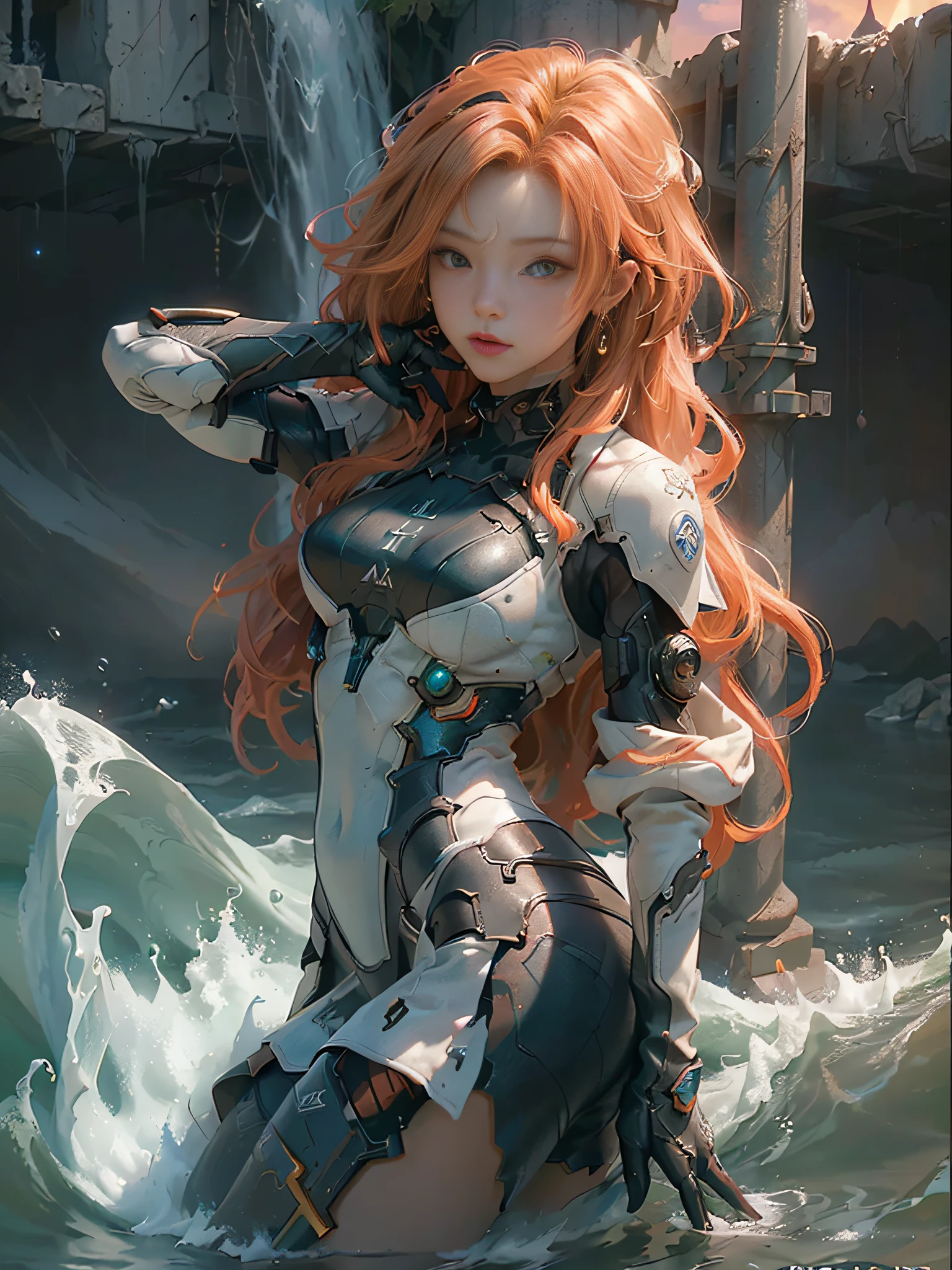 (Best Quality), ((Masterpiece), (detail: 1.4), 3D, Beautiful Cyberpunk Female Image, HDR (High Dynamic Range), Ray Tracing, NVIDIA RTX, Super Resolution, Unreal 5, Subsurface Scattering, PBR Texture, Post Processing, Anisotropic Filtering, Depth of Field, Maximum Sharpness and Acutance, Multi-layer Texture, Albedo and Highlight Mapping, Surface Shading, Accurate Simulation of Light-Material Interactions, Perfect Proportions, Octane Rendering, Two-tone Illumination, Wide Aperture, Low ISO, White Balance, Rule of Thirds, 8K RAW, Masterpiece, Best Quality, (8k Very Detailed CG Unit Wallpaper) (Best Quality), (Best Illustration), (Best Shade) Golden Waves, Bright Orange AOL Sunset Through the Waves, Golden Water Droplets Flying, (:1. 6), cute face