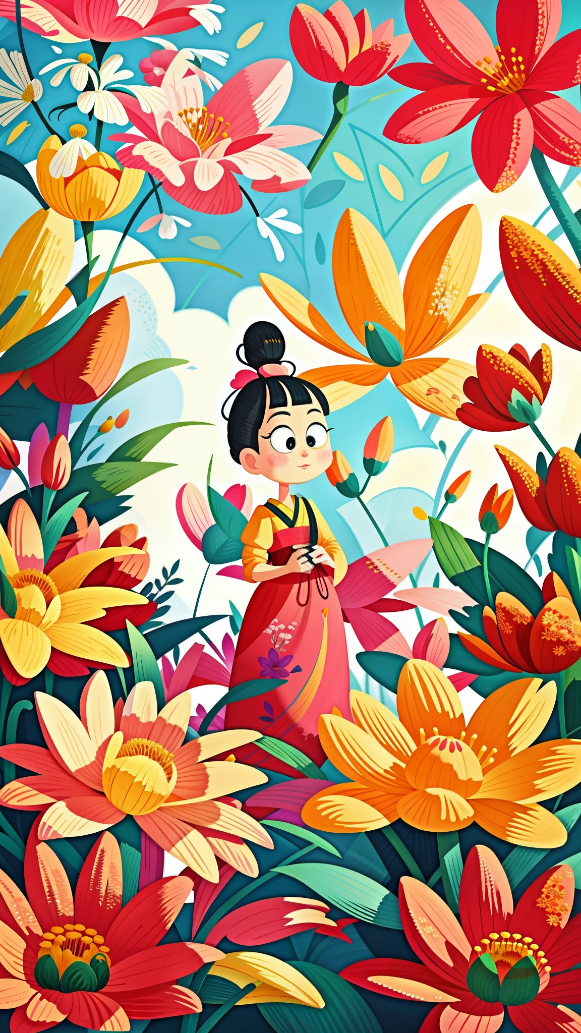 close-up of a cartoon girl, cute girl, kawaii, big eyes, spring scene, spring, flowers, meadow, warm sun, delicate face, fairy tale style, beautiful sky, wearing a beautiful dress, super high detail, super high resolution, award-winning work, masterpiece, lo-fi illustration style, flat illustration, cute illustration, surrounded by yellow-pink red flowers, digital illustration style, fantastic, beautiful artwork illustration, high quality detail art, beautiful scenes,, beautiful artwork illustration, Hand drawn cartoon art style, painting illustration, simple and clean illustration, inspired by Ma Yuanyu, Yang J, inspired by Cui Bai, inspired by Puhua