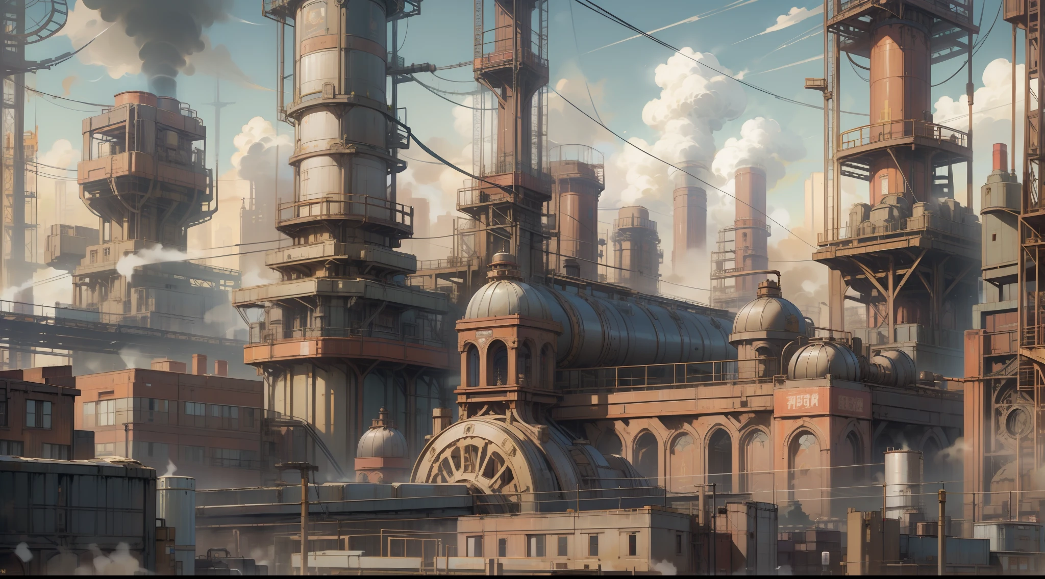 Steampunk cityscapes, towering factories and chimneys blow steam into the sky. The sun works hard to eliminate the smog, giving off a warm glow in heavy industrial areas. Huge gears turn in the background, while cobbled alleys wind through the foreground. All around, the air was filled with the mechanical hum of countless machines, the occasional whistle of steam engines