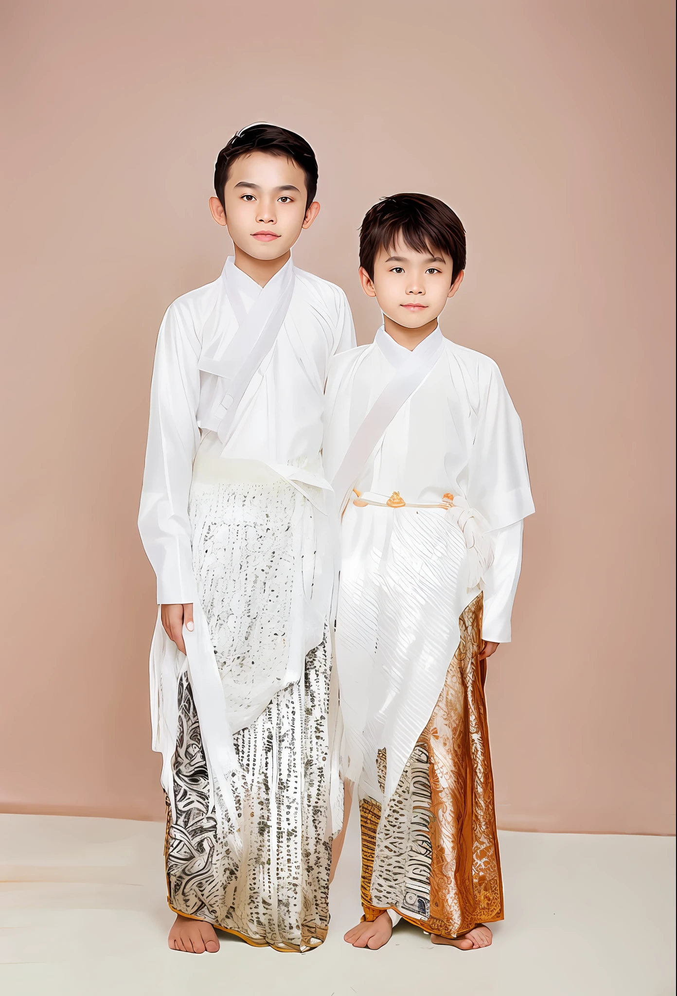 they are two boys standing next to each other wearing traditional clothing, sukhothai costume, barong family, wearing traditional garb, barong family member, traditional clothes, traditional clothing, traditional tai costume, wearing authentic attire, in style of thawan duchanee, traditional dress, traditional costume, sarong, white sarong, full - view, children, myanmar