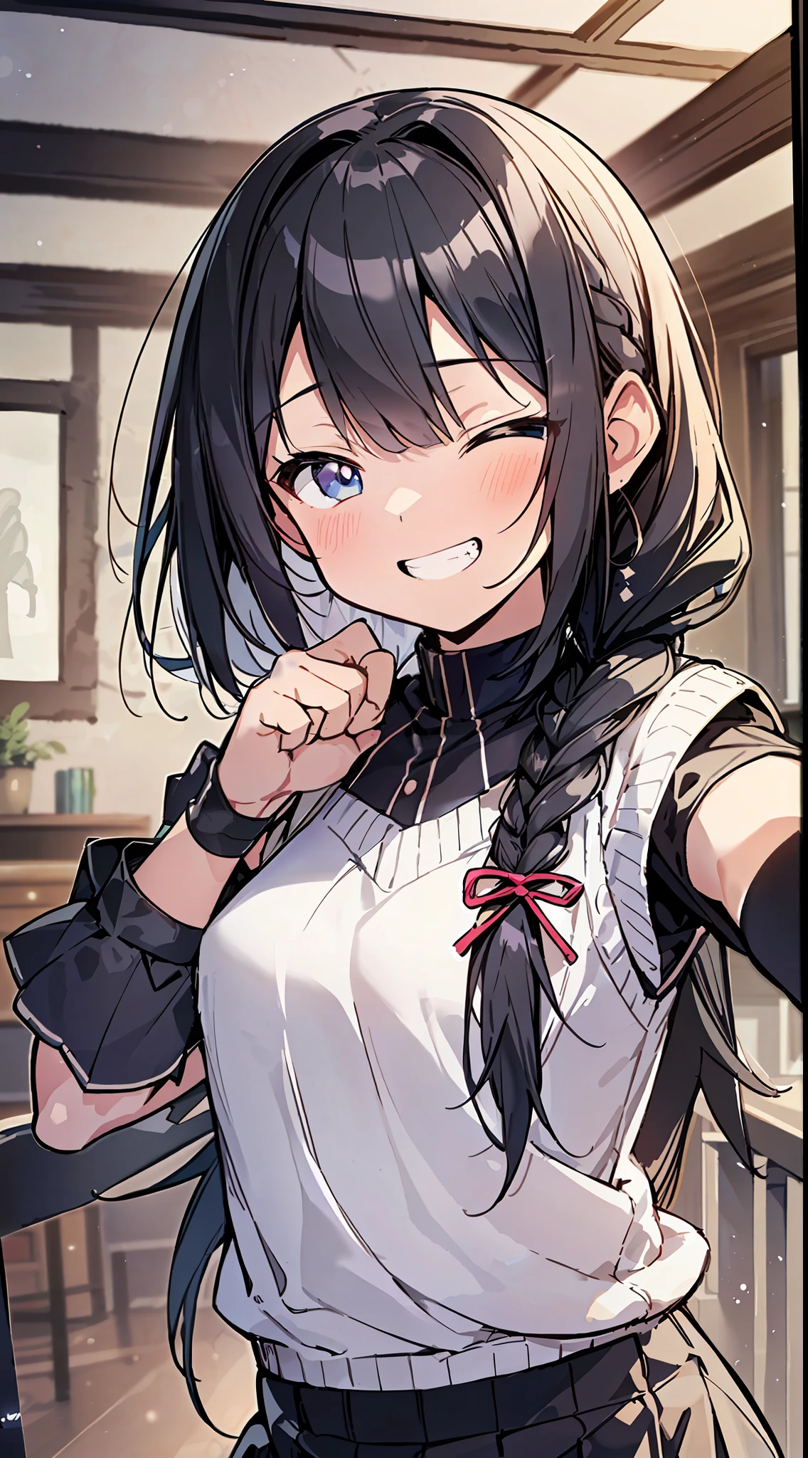 Top Quality, Best Masterpiece, Ultra High Definition, 8K, White Sweater Vest, Anime Style li, Single, Ultra Detailed Line Art, Digital Enhancement, Anime Core, Flowing Fabric, Close Up, ((Hair length to shoulder and short braid)), staring at us from the front, Soft drawing, Beautiful black hair, (((Little gianime style)), Crisp eyes, grin, teeth, wide mouth, closed eyes, claw pose, in front of angle, ultra-detailed digital anime art, clear face depictions, ultra-detailed anime character art, ultra-detailed manga style, top quality colors, hand gestures, foot-up angles, indoor