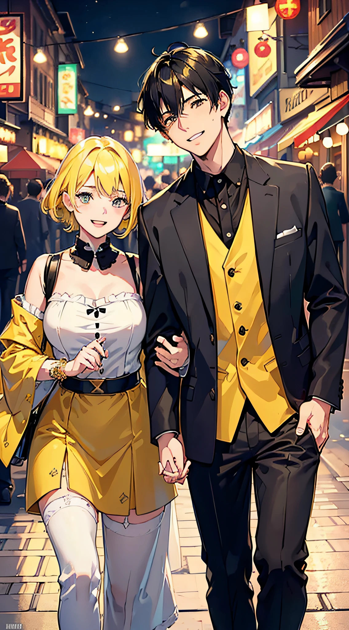 (((Super High Detail)))), (((Super High Resolution))), (((Face Detailing))), ((2 boys)), (Yellow hair))), (Black Hair))), Walking side by side, busts, holding hands, laughing happily, night market, lively streets at night, festive atmosphere. --auto --s2