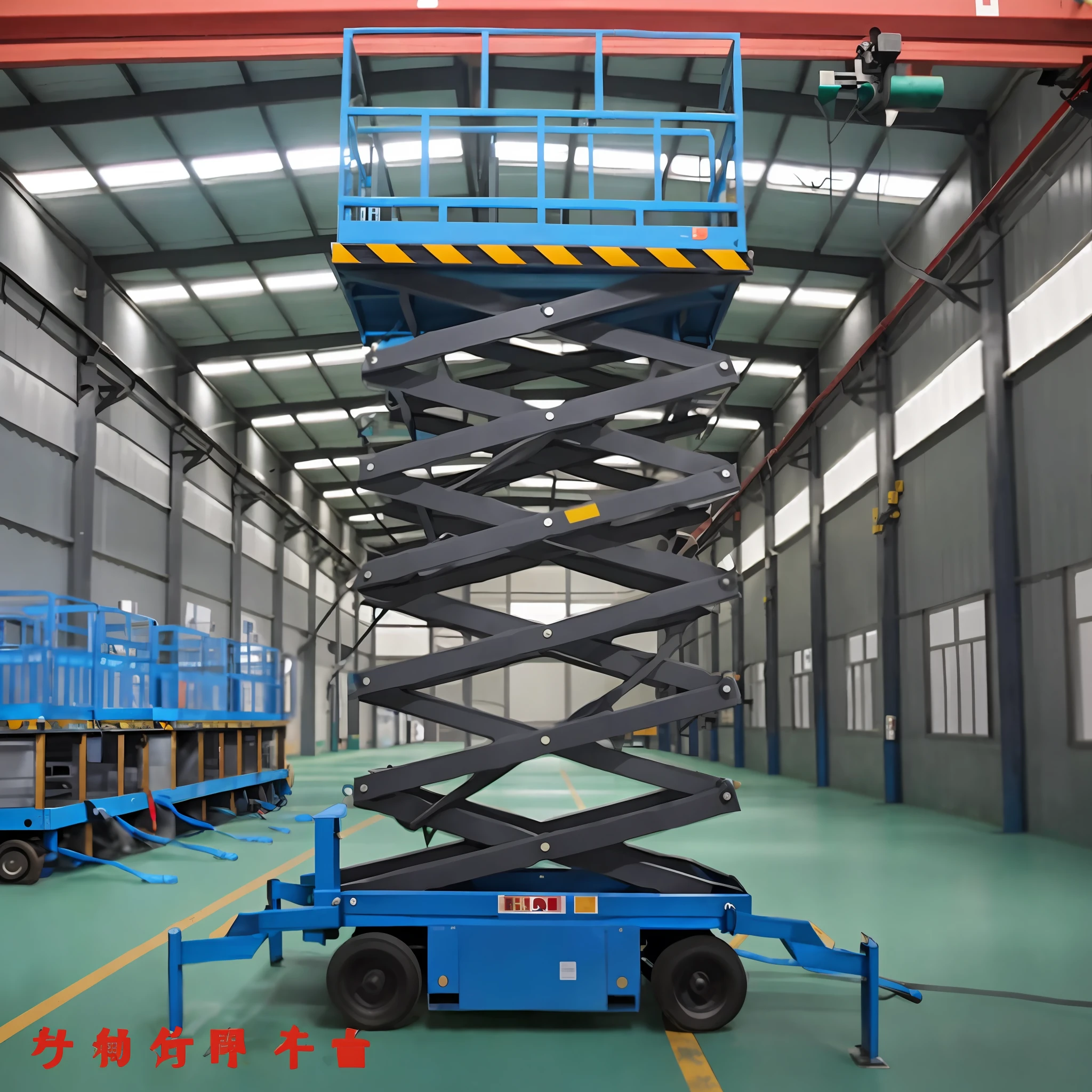 a close up of a scissor in a warehouse with a blue lift, trailer, light-blue steel-plate, beijing, 150mm, 1 5 0 mm, 150 mm, 3 meters, high deatil, 1 2 0 mm, 120mm, 4 0 0 mm, 6 0 0 mm, 600mm