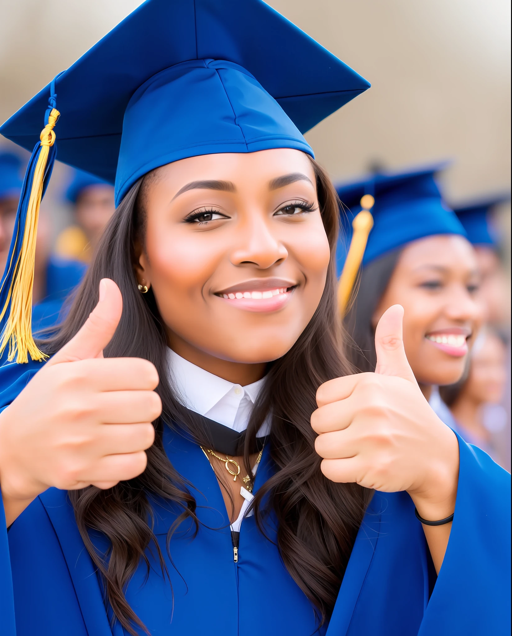 VERY DARK SKINNED AFRICAN female in a graduation cap and gown giving the DARK SKINNED thumbs up, graduation photo, post graduate, wearing an academic gown, high quality 3D photos, closeup DARK SKINNED portrait shot, closeup REALISTIC photograph, giving the DARK SKINNED thumbs up, high res 3D, closeup REALISTIC portrait, giving a thumbs up to the camera, giving a thumbs up, realistic close up portrait shot, giving a thumbs up, unedited