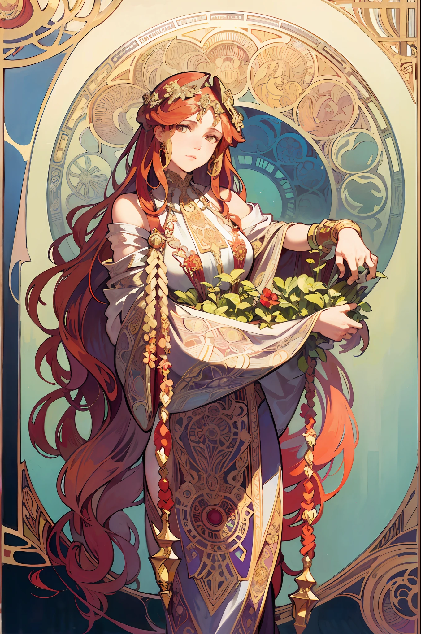 (Alphonse Mucha: 1.4), Portrait of a European Beauty, Long Curly Hair, Red Hair Flower Ornamentation, (Detail + Intricate Detail: 1.2), 4K, Abstract Art, Line Art, Side Face, Colorful, Fibonacci