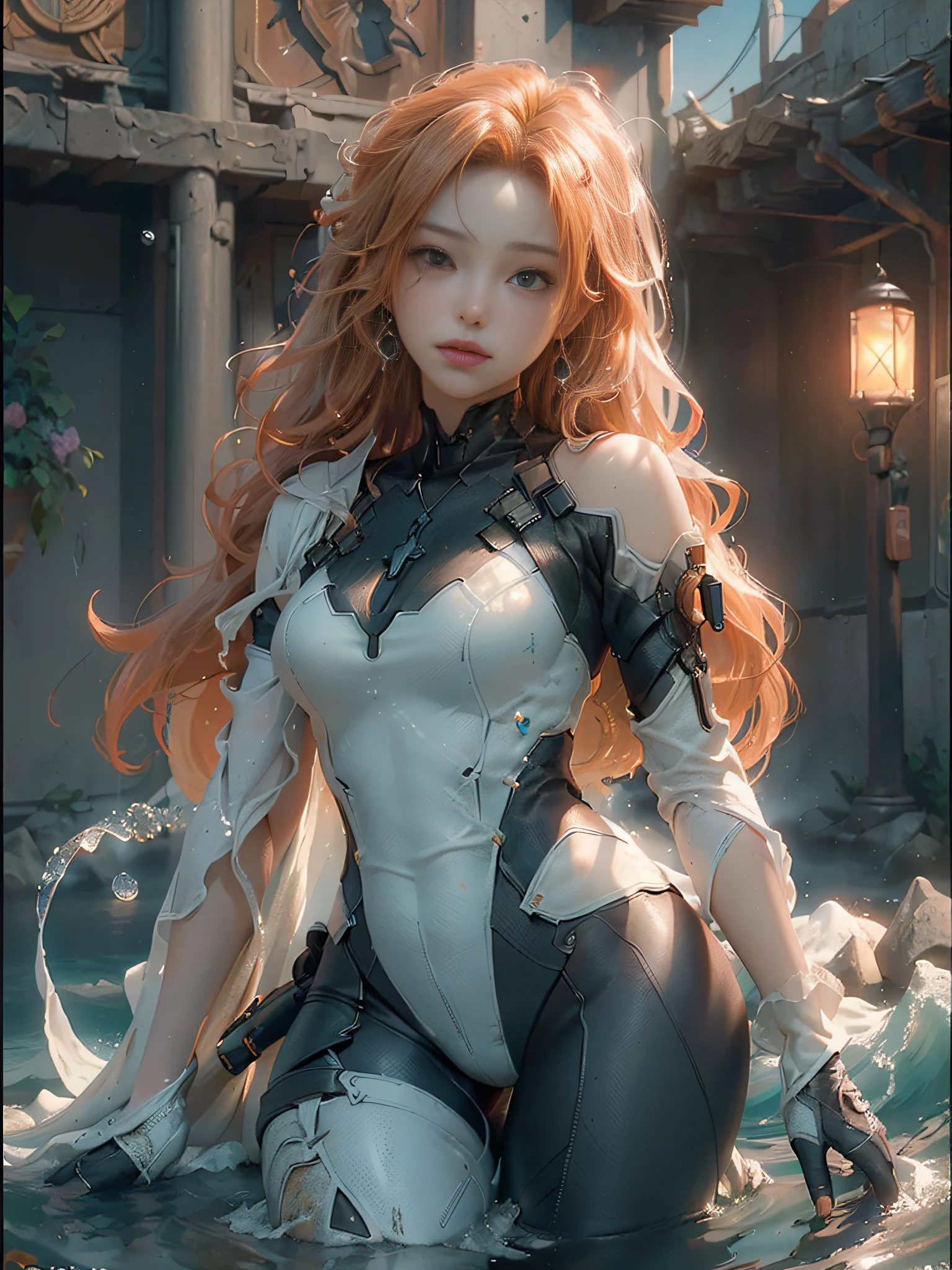 (Best Quality), ((Masterpiece), (detail: 1.4), 3D, Beautiful Cyberpunk Female Image, HDR (High Dynamic Range), Ray Tracing, NVIDIA RTX, Super Resolution, Unreal 5, Subsurface Scattering, PBR Texture, Post Processing, Anisotropic Filtering, Depth of Field, Maximum Sharpness and Acutance, Multi-layer Texture, Albedo and Highlight Mapping, Surface Shading, Accurate Simulation of Light-Material Interactions, Perfect Proportions, Octane Rendering, Two-tone Illumination, Wide Aperture, Low ISO, White Balance, Rule of Thirds, 8K RAW, Masterpiece, Best Quality, (8k Very Detailed CG Unit Wallpaper) (Best Quality), (Best Illustration), (Best Shade) Golden Waves, Bright Orange AOL Sunset Through the Waves, Golden Water Droplets Flying, (:1. 6), cute face