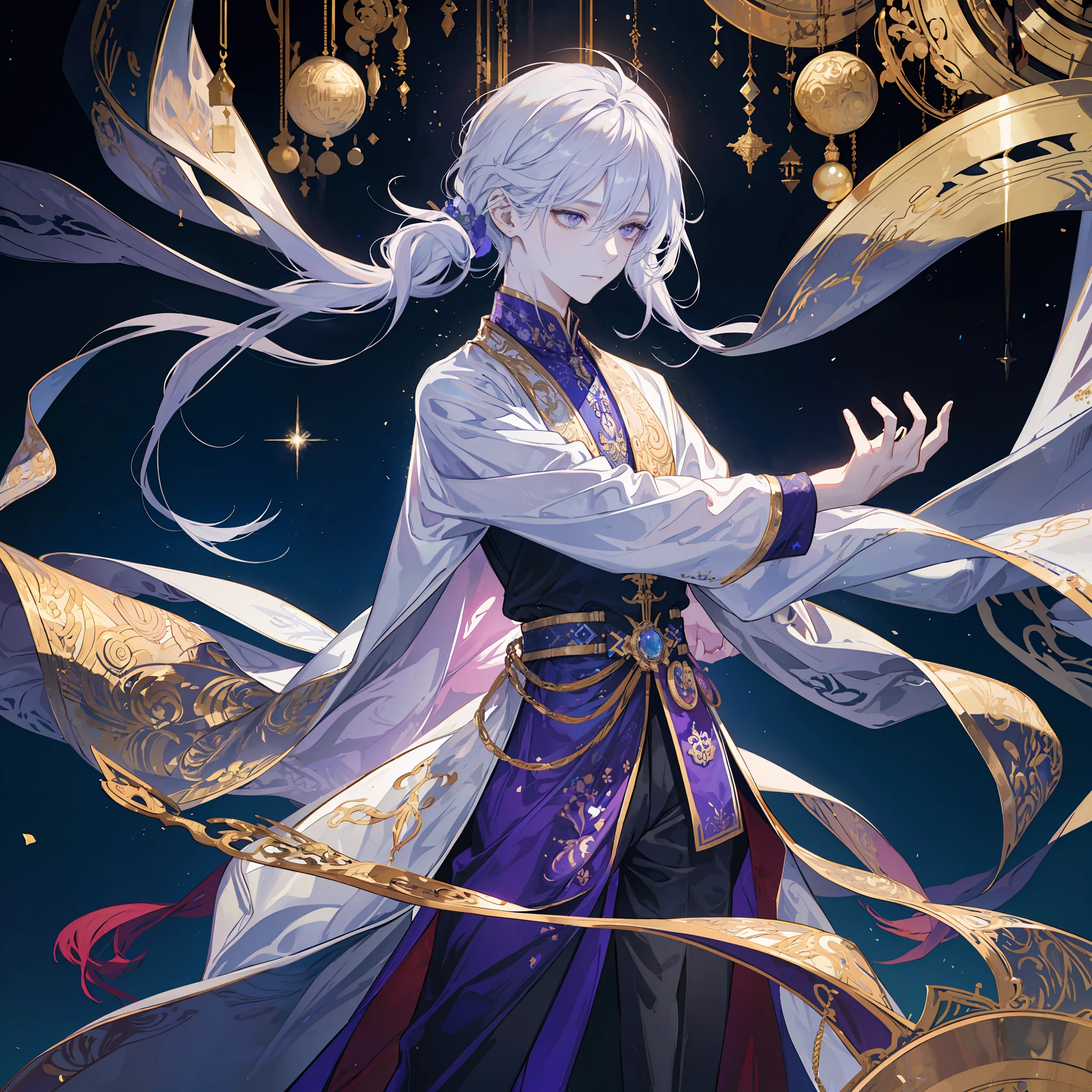 An emperor stands upon a magnificent throne, facing a crowd of loyal followers. His hair, short and sleek, is a striking shade of white that contrasts with his pale complexion. The modern style of his hair, with intersecting strands gracefully positioned atop his head, adds a futuristic touch to his appearance.
The emperor's eyes radiate a mesmerizing shade of purple, akin to shimmering amethysts in the darkness of night. They serve as mirrors of immeasurable wisdom and power. With each gaze, he has the ability to deceive or inspire anyone who stands before him.
His attire befits his regal status, crafted from luxurious fabrics in vibrant hues. His flowing robe cascades down to the floor, made of soft white silk and adorned with intricate golden threads. On his chest, a symbol of the empire is embroidered with sparkling gemstones. Along his arms, golden bracelets encircle, signifying his unassailable authority.
The emperor embodies opulence and grandeur. With his modern white hair and captivating purple eyes, he effortlessly blends ancient imperial traditions with surprising contemporary touches. Every movement he makes exudes grace and steadfastness, emanating an astonishing power that invites awe and admiration from all who behold him.