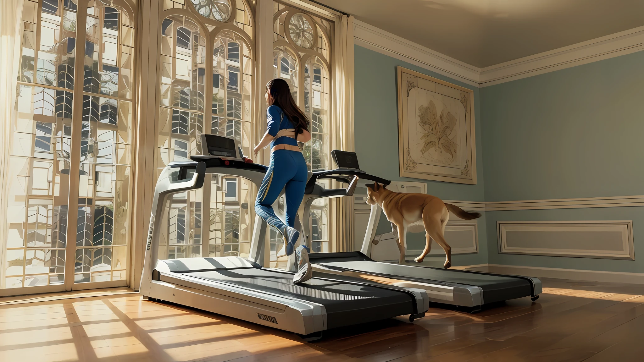 Highest quality, outstanding detail, super high resolution, (fidelity: 1.4), best illustration, favor details, Tyndall effect light through windows, in a mansion, highly condensed 1girl, running on a treadmill, sportswear, delicate skin, there is a Shiba Inu running on another treadmill, upper body, close-up, 8k, RAW photo, best image quality, masterpiece, realism, split bangs, long hair,