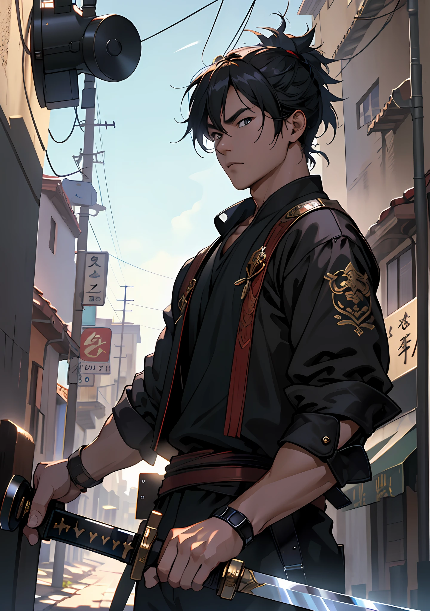 Ultra detail, high resolution, super detail, best quality, amazing, top quality, extremely detailed CG Unity 8k wallpaper, movie lighting, ancient swordsman, street