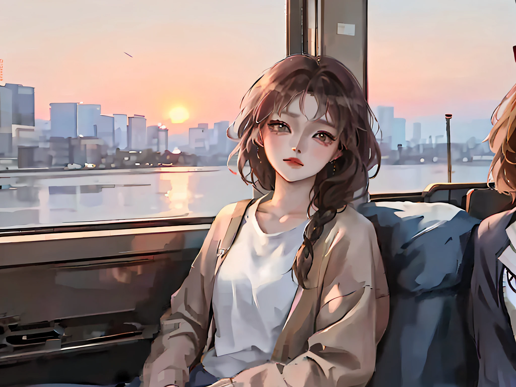 there are two women sitting on a bus looking out the window, artwork in the style of guweiz, lofi portrait, lofi girl, with sunset, beautiful anime portrait, lofi portrait at a window, portrait anime girl, anime style. 8k, beautiful anime girl, guweiz, lofi artstyle, with a sunset