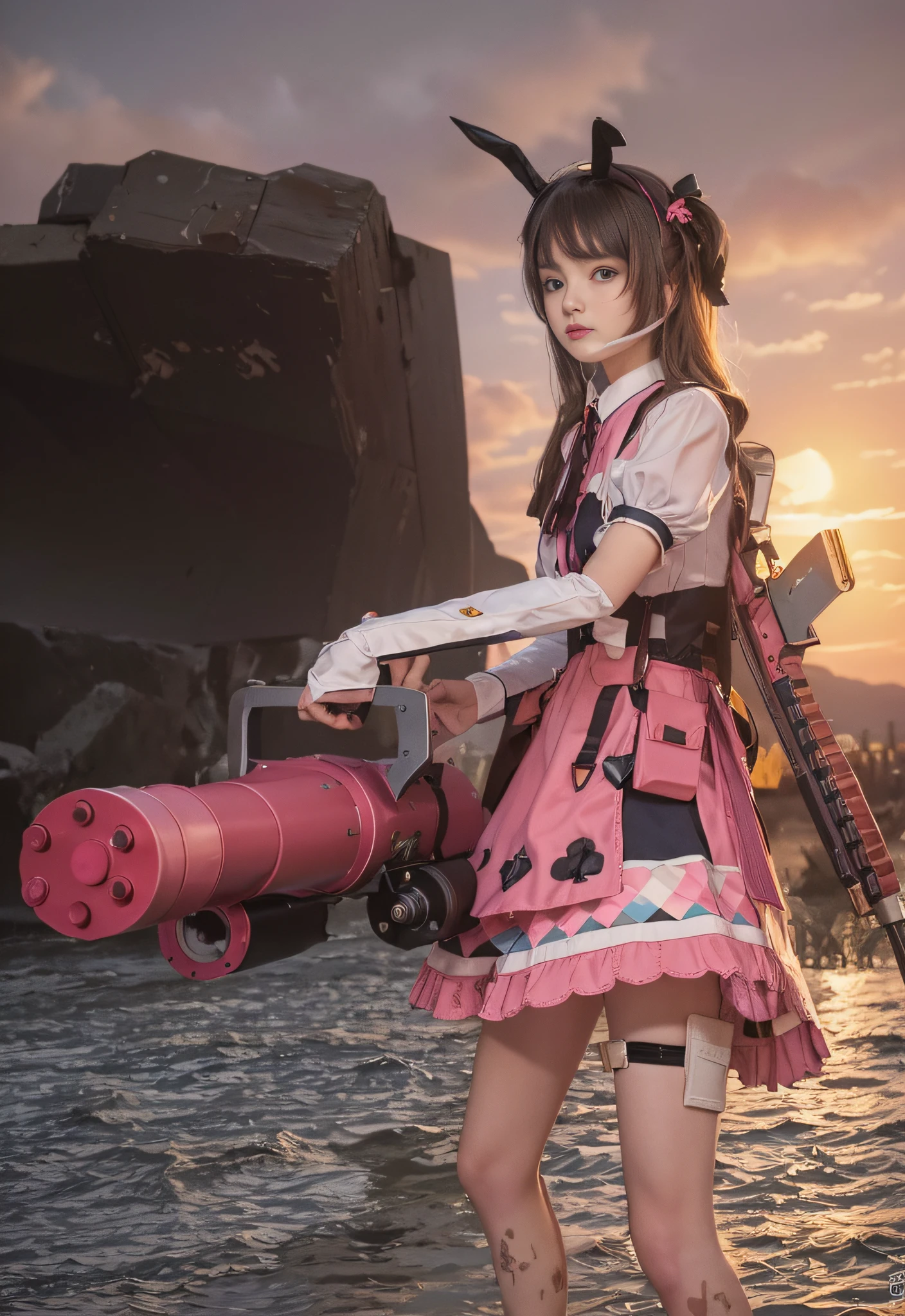 1girl, a Lolita girl, holding a gatling, rabbit ears hairpin, pink skirt, upper body, close-up, 8k, RAW photo, best quality, masterpiece, realism, realism, split bangs, long hair,