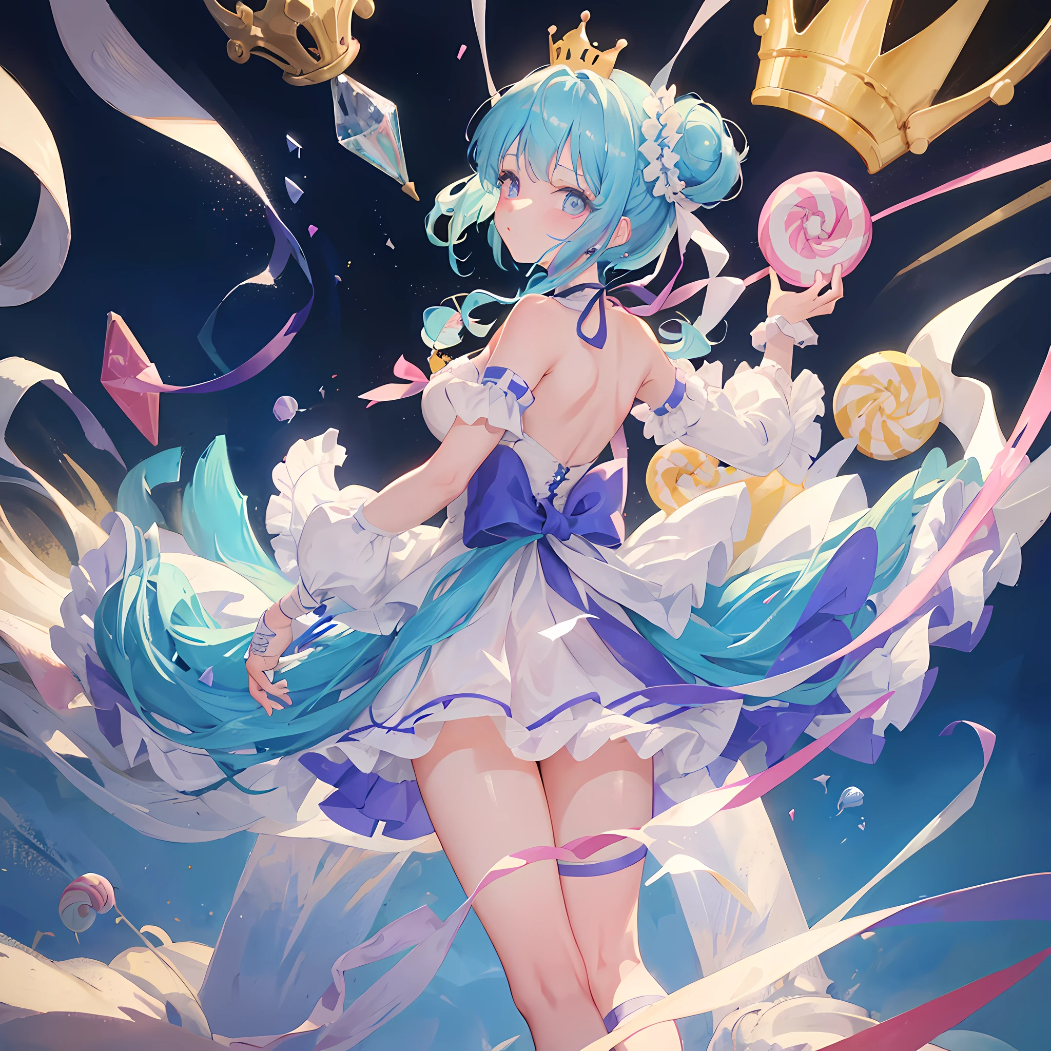 sweets, candy theme, bonbon, confectionery, confit, (((masterpiece))), (((best quality))), ((ultra-detailed)), (illustration), (1 girl), drawing of a woman with blue hair and ((bandages)), hair is in space buns, has a ((crown made of candy)), ((transparent candy)) details, randomwear, ((barbiecore,)) a digital painting inspired by Rei Kamoi, pixiv contest winner, half body, cowboy shot, boots with lace, big platform