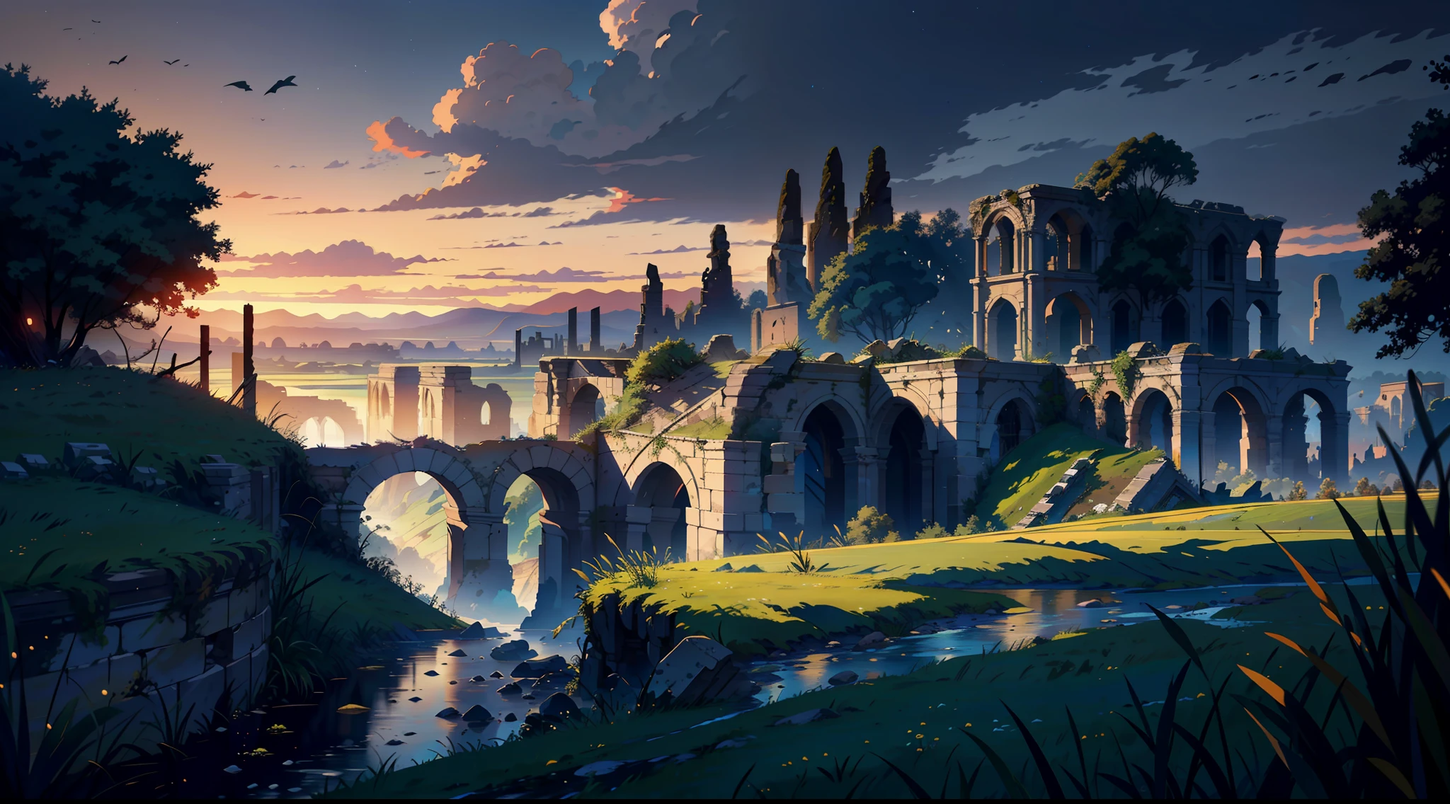 "A breathtaking (masterpiece) depicting a stunning (landscape) of a (river) with a magnificent view of (ruins) and a vast expanse of (grass), all set against the backdrop of a (war) ravaged land shrouded in a (night)time veil. Its (best quality) and breathtaking art style will leave you spellbound!", UHD, super detail, high details, highres, best quality