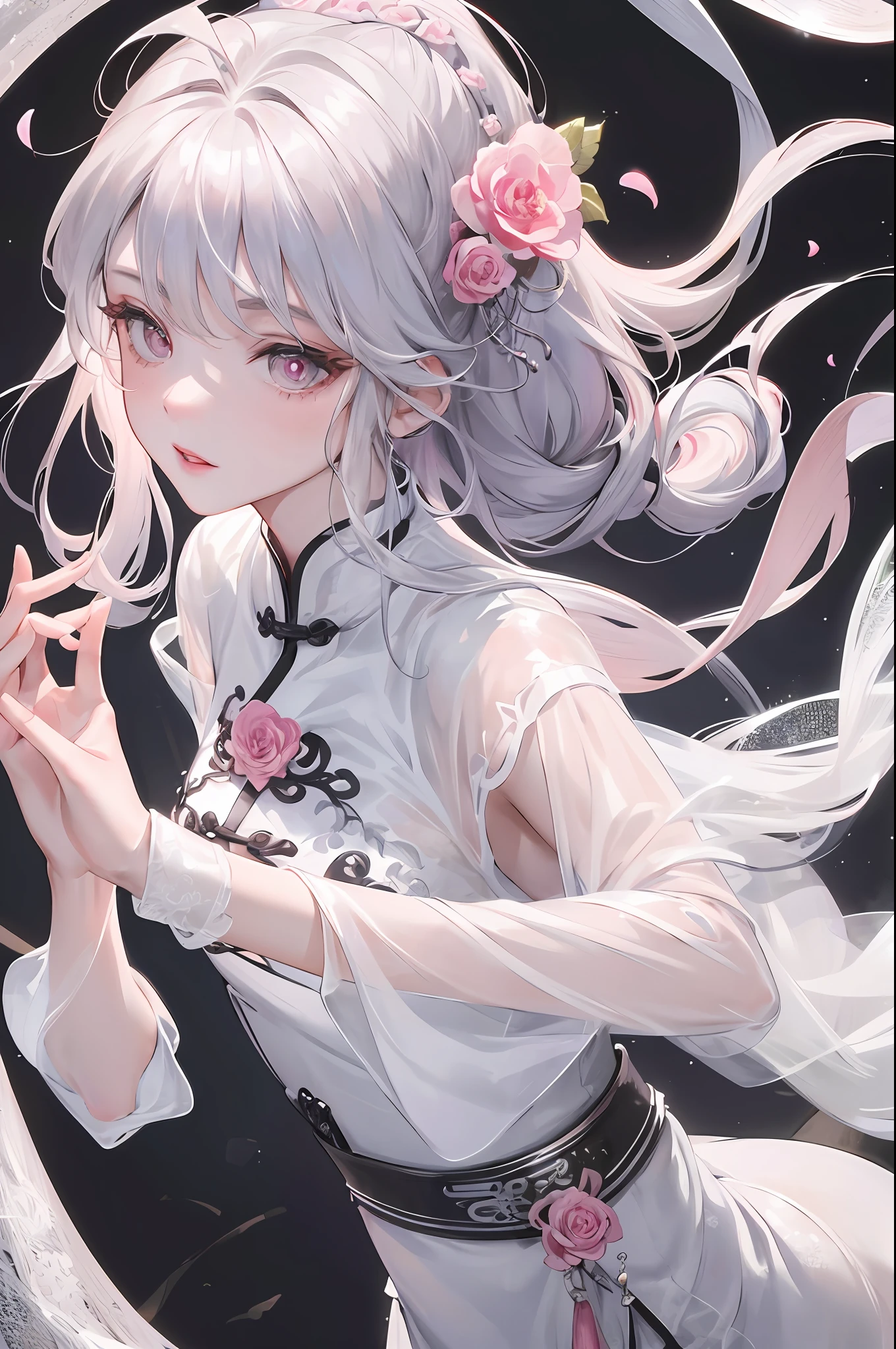 8K masterpiece superb night full moon 1 female Chinese style Chinese architecture mature woman sister silver white long hair woman long hair light pink lips calm rational bangs gray pupil broken flower background, petals dancing, delicate face, delicate hands, close-up