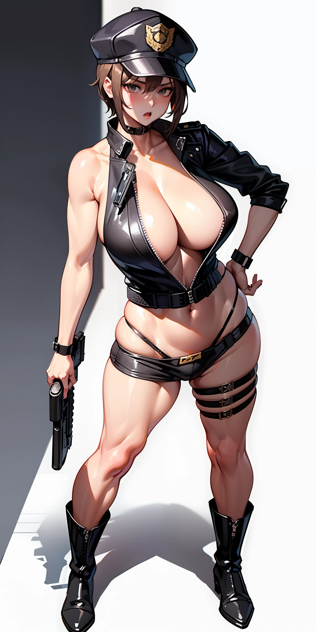 (Anime style), ((Mature Woman)), Female Policeman, Black Belt, Open Wear, Leather Jacket,,, Short Brown Hair, Police Badge, Strap on Chest, Big Rifle, Gun, Simple Background, Thigh Height, Black Leather Boots, Provocative Pose, High Leg, High Leg Thong, Night, Bare Tits, Dressed Clothes, Boobs, Side Boobs, Cleavage, Police Uniform, Baseball Cap, Headset, Under the, (((low leg thong)), (((skindentation)), panties pulled down, exposed