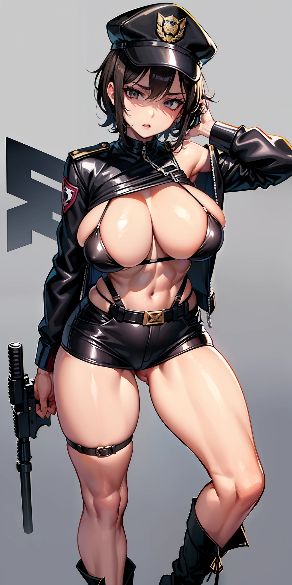 (Anime style), ((Mature Woman)), Female Policeman, Black Belt, Open Wear, Leather Jacket,,, Short Brown Hair, Police Badge, Strap on Chest, Big Rifle, Gun, Simple Background, Thigh Height, Black Leather Boots, Provocative Pose, High Leg, High Leg Thong, Night, Bare Tits, Dressed Clothes, Boobs, Side Boobs, Cleavage, Police Uniform, Baseball Cap, Headset, Under the, (((low leg thong)), (((skindentation)), panties pulled down, exposed