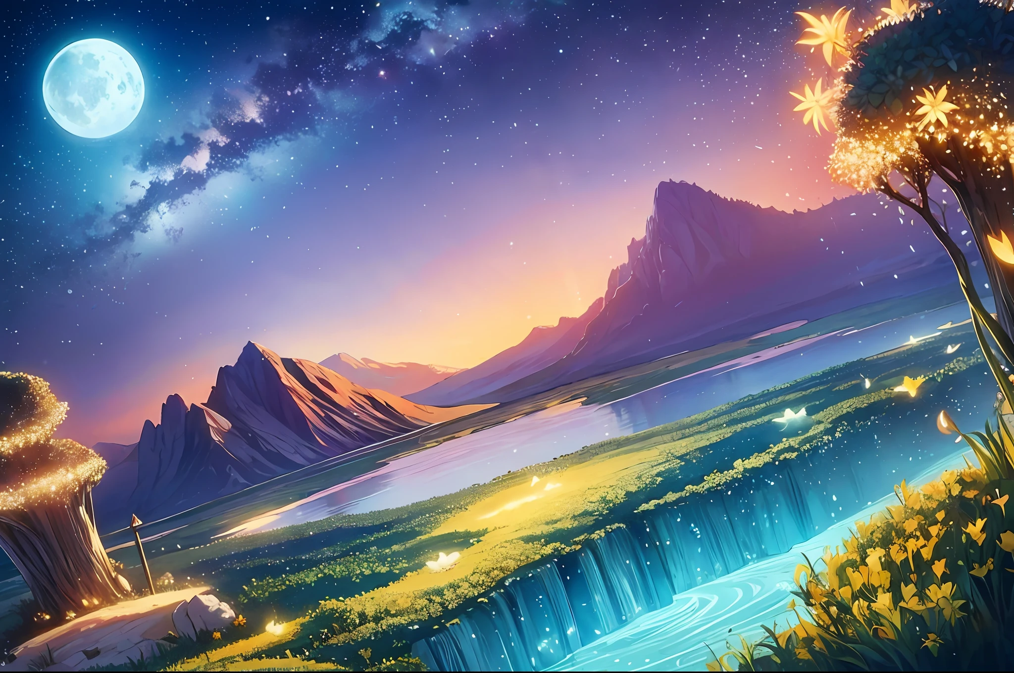 Masterpiece beautiful, volumetric lighting, (ambrosia), gust of wind, mountains stars ocean forest, (oro:1.2), floating island, will-o'-the-wisp \(mythology\), lily \(flower\), firefly, clouds moon, fragrance