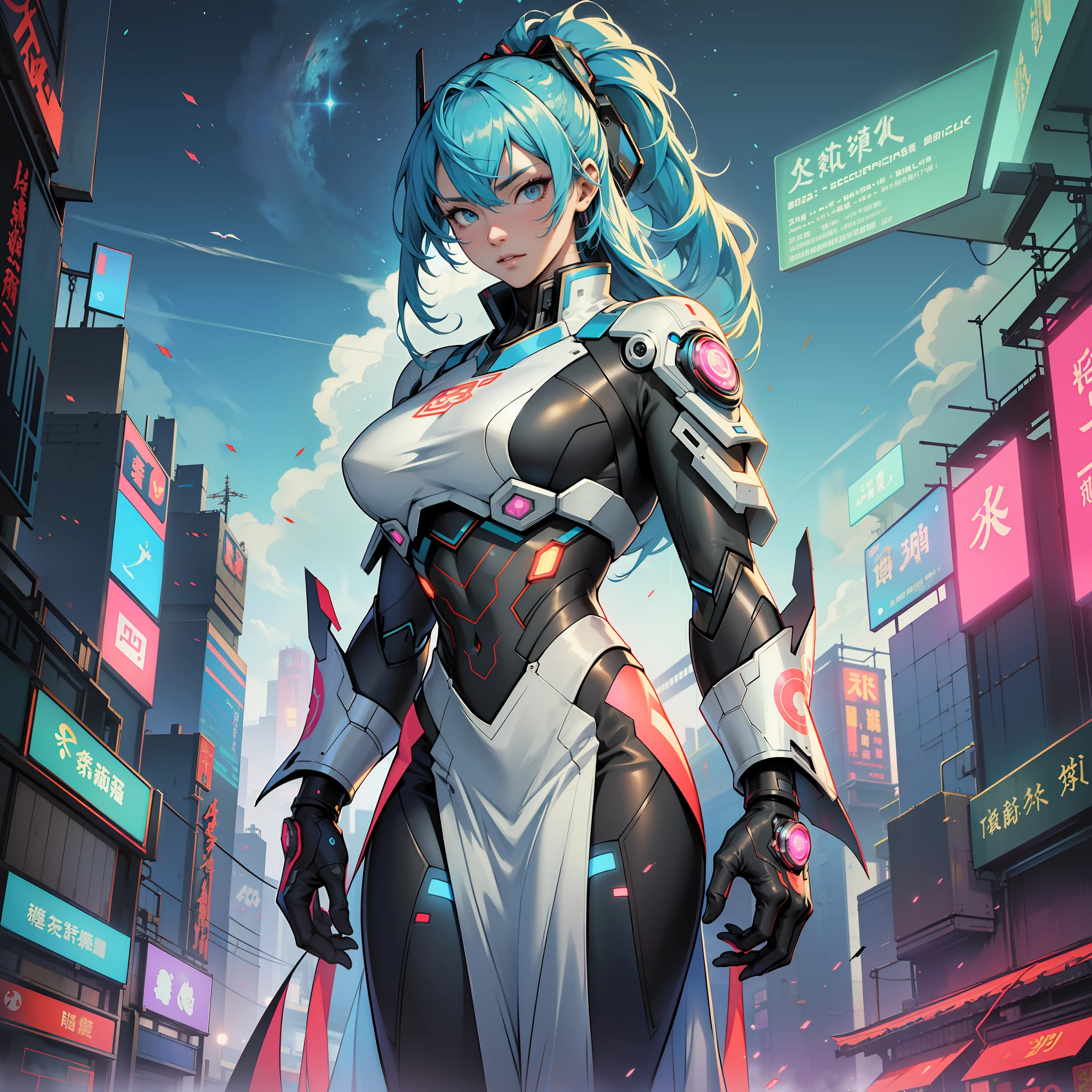 An ancient Chinese girl, full body, amazing facial features, cyberpunk, holographic aura, surreal sci-fi art, futuristic sci-fi aesthetics, Hanfu, mecha, complex design, game model, movie edge light, delicate light, masterpiece, ultra-detailed, epic composition, super HD, high quality, highest quality, 32k --niji 5