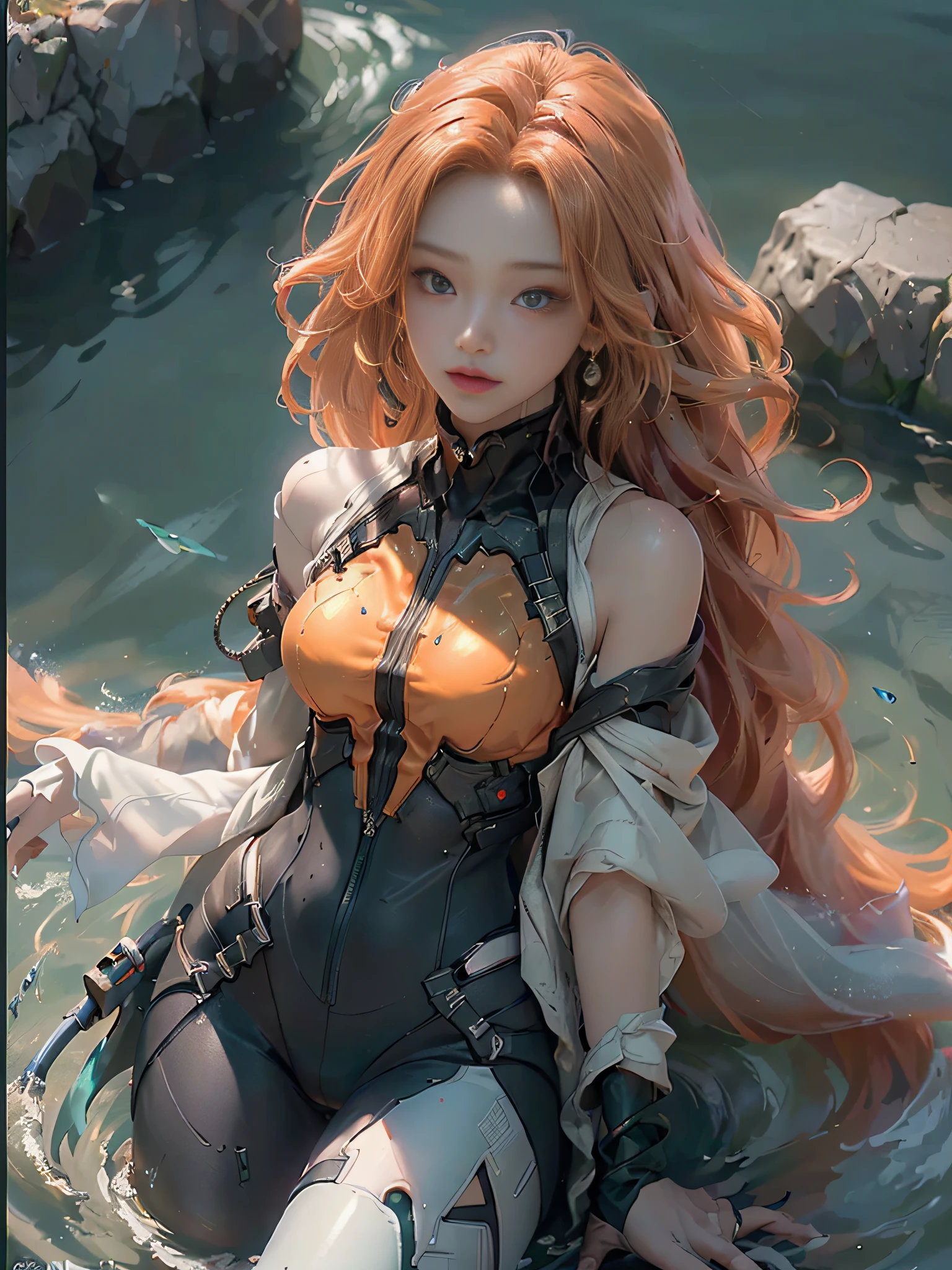 (Best Quality), ((Masterpiece), (detail: 1.4), 3D, Beautiful Cyberpunk Female Image, HDR (High Dynamic Range), Ray Tracing, NVIDIA RTX, Super Resolution, Unreal 5, Subsurface Scattering, PBR Texture, Post Processing, Anisotropic Filtering, Depth of Field, Maximum Sharpness and Acutance, Multi-layer Texture, Albedo and Highlight Mapping, Surface Shading, Accurate Simulation of Light-Material Interactions, Perfect Proportions, Octane Rendering, Two-tone Illumination, Wide Aperture, Low ISO, White Balance, Rule of Thirds, 8K RAW, Masterpiece, Best Quality, (8k Very Detailed CG Unit Wallpaper) (Best Quality), (Best Illustration), (Best Shade) Golden Waves, Bright Orange AOL Sunset Through the Waves, Golden Water Droplets Flying, (:1. 6), cute face