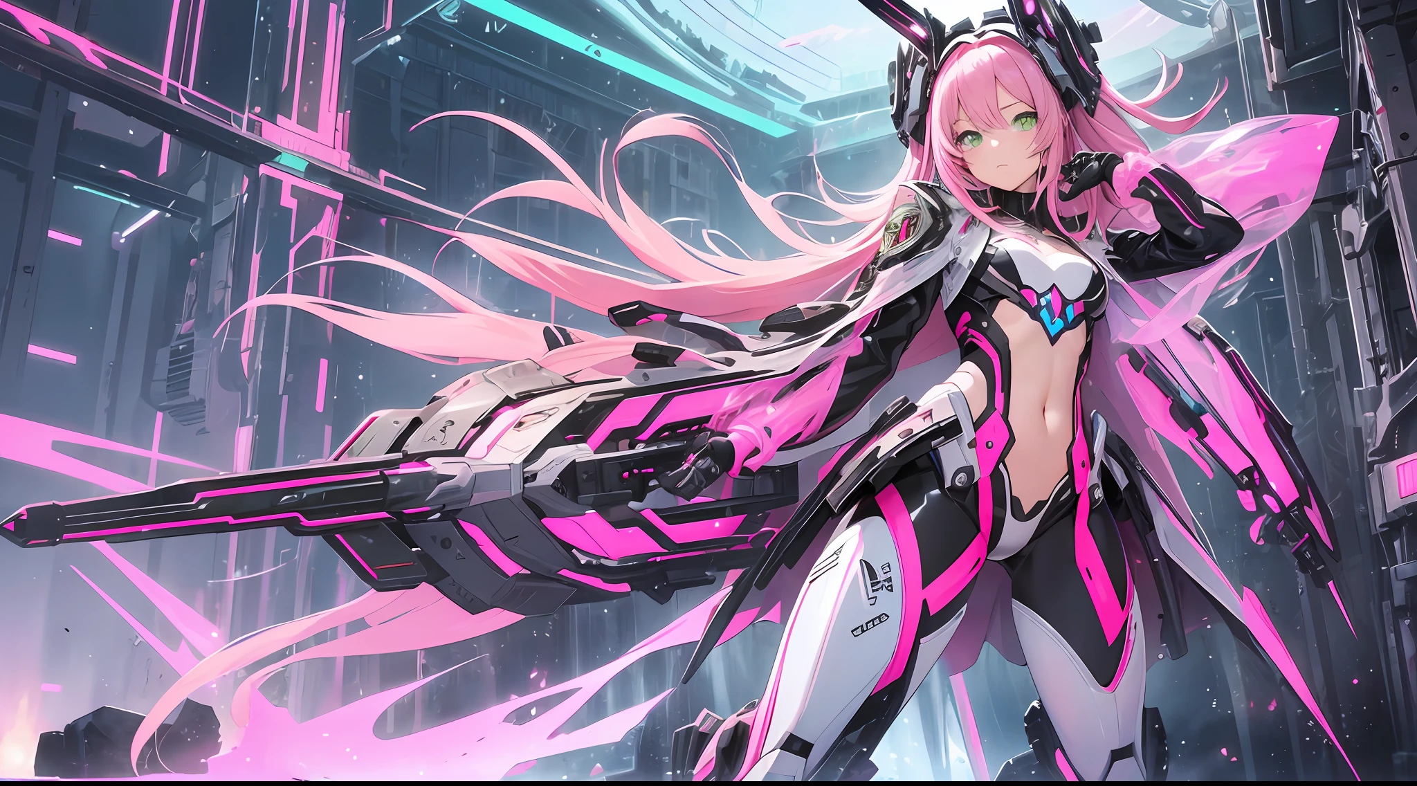(((masterpiece)))fullbody,fullbodyshot (1 girl)(((pink hair, long hair,straight hair,two side up))), (((green eyes))),eyeshadow, eyeliner,glow eyes, hyper detailed eyes, intricate eyes, beautiful eyes, detailed eyes,((star-shaped pupils,glowing pink pupils))18-year-old girl.((wearing a Transparent jacket made of PVC material)).huge cool Gatling in hands, huge cool weapon machine, mecha, mechanism, machine, open stance,