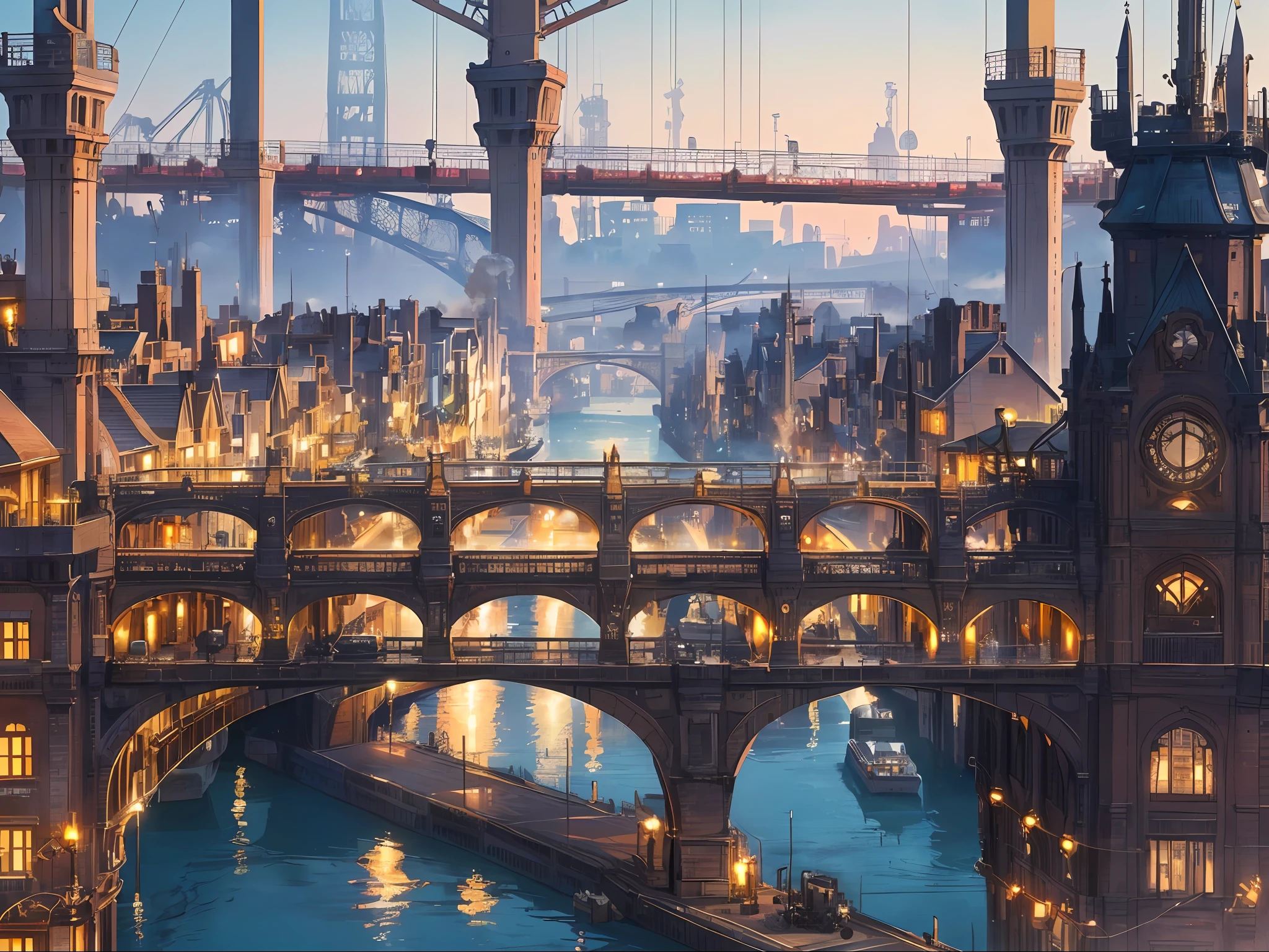BREAK an image of a bustling steampunk city with a bridge and a train in the background. The city is alive with activity, with steam-powered vehicles and machinery moving through the streets. The buildings are made from a mix of brick, metal, and wood, with gears and pipes jutting out from the sides. BREAK
(The city is divided by a river, with a large, ornate bridge connecting the two sides. The bridge is made from metal and has intricate designs and patterns etched into it. Steam-powered boats and airships can be seen sailing and flying underneath the bridge. )BREAK
The sky is filled with smoke and smog, adding to the industrial feel of the city. The scene is one of bustling energy and innovation, with the steampunk technology taking center stage.