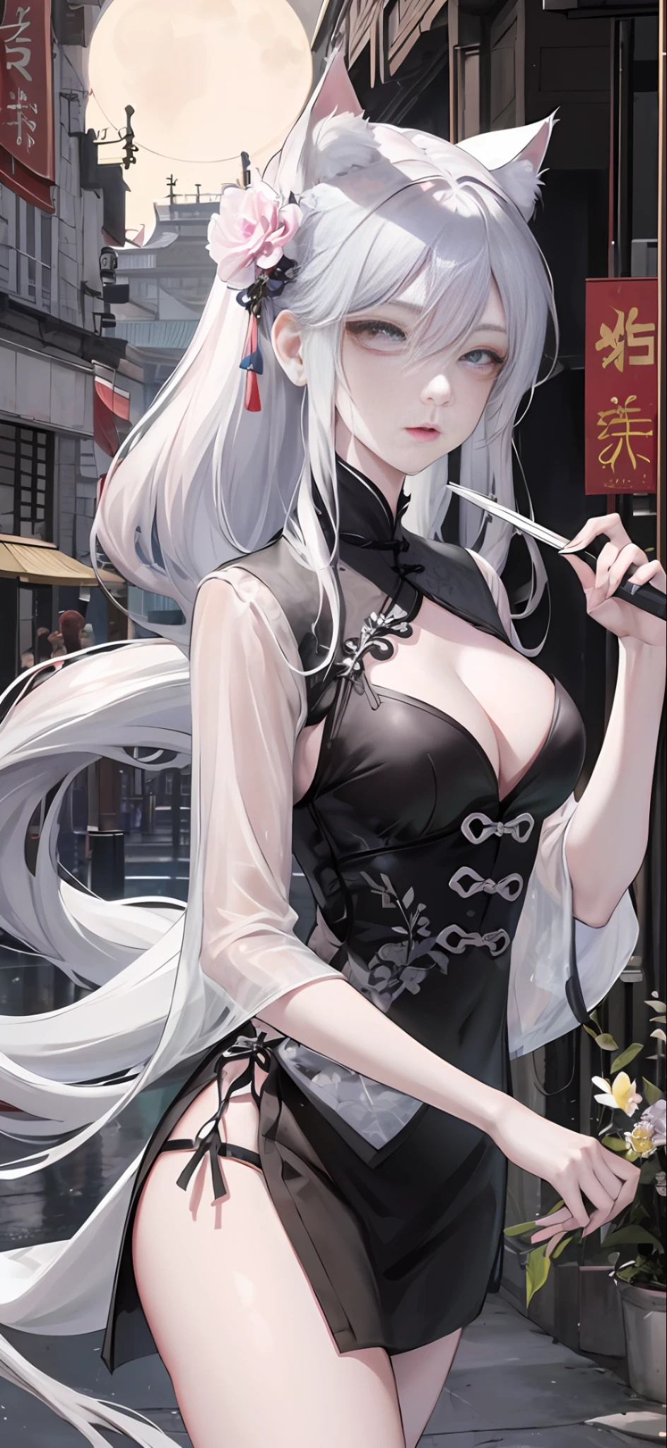 Masterpiece, Best, Night, Full Moon, 1 Female, Mature Woman, Chinese Style, Ancient China, Elder Sister, Royal Sister, Cold Face, Expressionless, Silver White Long Haired Woman, Pale Pink Lips, Calm, Intellectual, Three Belts, Gray Hitomi, Assassin, Dagger, Flower Ball Background, Strolling Street Masterpiece, Needle, Night, Full Moon, 1 Female, Mature Woman, Chinese Style, Ancient China, Elder Sister, Royal Sister, Cold Face, Expressionless, Silver White Long Haired Woman, Pale pink lips, calm, intellectual, three belts, gray pupils, assassin, dagger, flower ball background, street view, white-haired catwoman, Hanfu, cat ears, cat tail