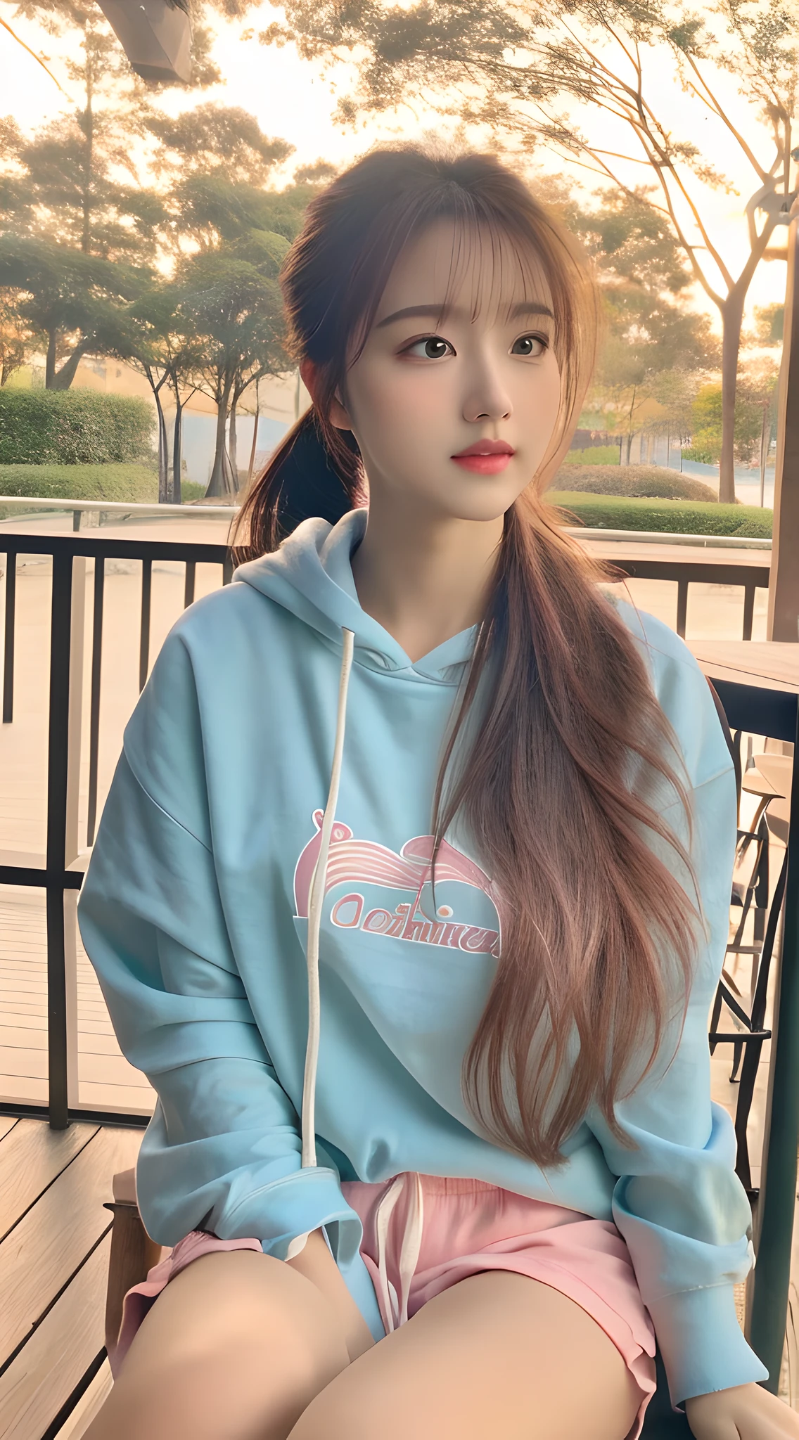 (8k, RAW photo, best quality, masterpiece), (realistic, photo-realistic:1.2), ultra detailed, 1 girl, cute, solo, beautiful detailed sky, detailed cafe, night, sitting, dating, dose blush, closed mouth, Beautiful and delicate eyes, wearing hoodies, dolphin shorts, medium build, flowing hair, long blue hair, GIRL, FEMININE, pink eyes, ultra-fine details, complex scenes, ambient light, soft light, elegant, symmetrical facial features, accurate anatomy, anatomically correct girl, landscape, gossamer, ethereal, full body, ponytail, gentle, gentle, sensible, big breasts,