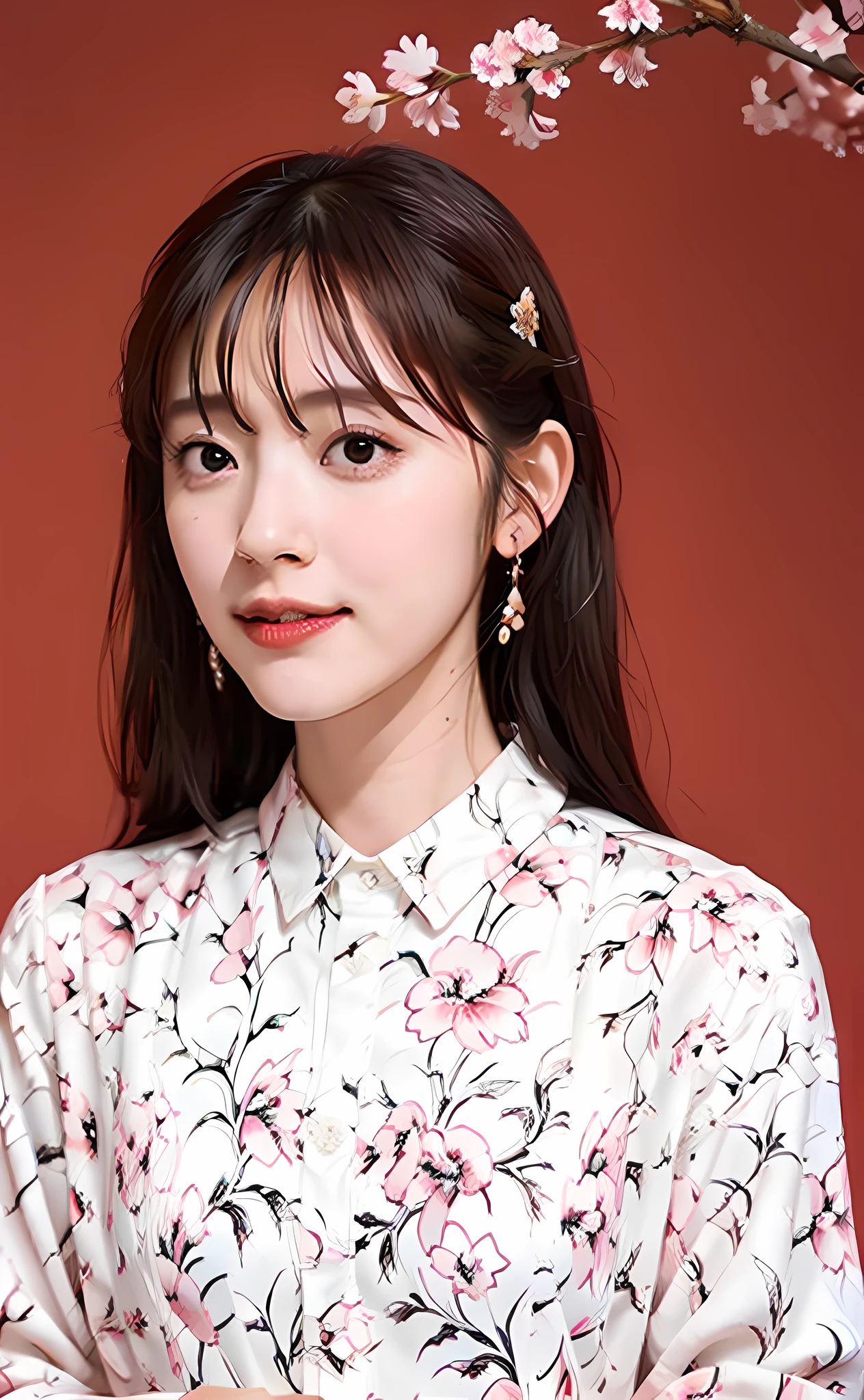 a beautiful woman like Ju Jingyi with blooming cherry blossoms in front of red walls