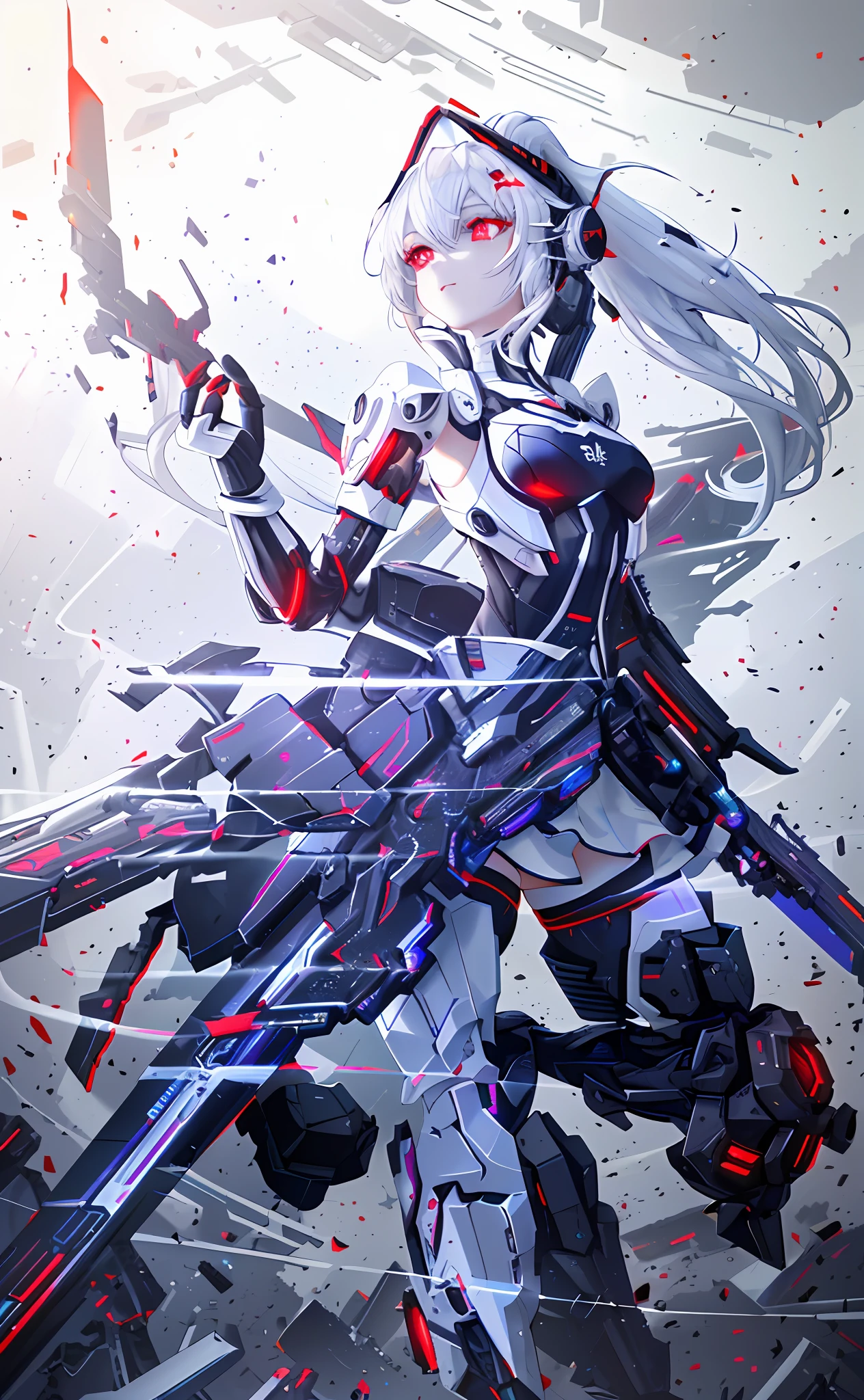 Very accurate details, highly detailed 8K wallpaper, (Extraordinary Pretty Girl: 1.5), Break, Light White Hair, Ponytail, Exoskeleton Spine, Tights, (Red Glowing Eyes: 1.1), Break, Perfect Five Fingers, Headgear, Break, (Dynamic Angle: 1.4), White Miniskirt, Cyberpunk, World Destruction,