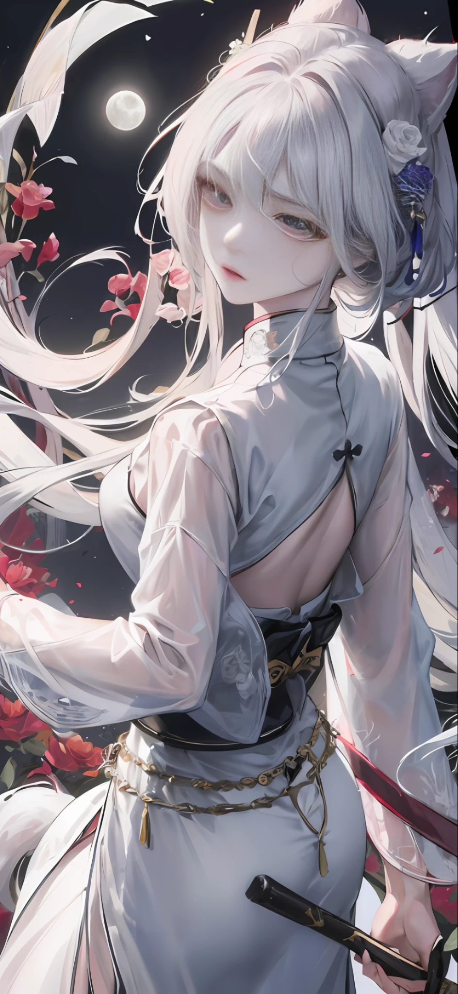 Masterpiece, Best, Night, Full Moon, 1 Female, Mature Woman, Chinese Style, Ancient China, Elder Sister, Royal Sister, Cold Face, Expressionless, Silver White Long Haired Woman, Pale Pink Lips, Calm, Intellectual, Three Belts, Gray Hitomi, Assassin, Dagger, Flower Ball Background, Strolling Street Masterpiece, Needle, Night, Full Moon, 1 Female, Mature Woman, Chinese Style, Ancient China, Elder Sister, Royal Sister, Cold Face, Expressionless, Silver White Long Haired Woman, Pale pink lips, calm, intellectual, three belts, gray pupils, assassin, dagger, flower ball background, street view, white-haired catwoman, Hanfu, cat ears, cat tail
