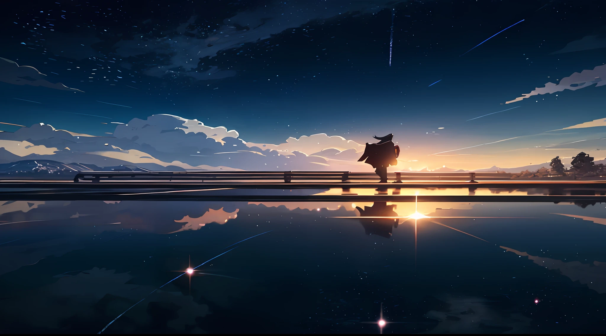 Masterpiece, anime train passing through bodies of water on tracks, bright starry sky. Romantic train, Makoto Shinkai's picture, pixiv, concept art, lofi art style, reflection. by Makoto Shinkai, lofi art, Beautiful anime scene, Anime landscape, detailed scenery —width 672, in style of Makoto shinkai, style of Makoto shinkai, enhanced details.