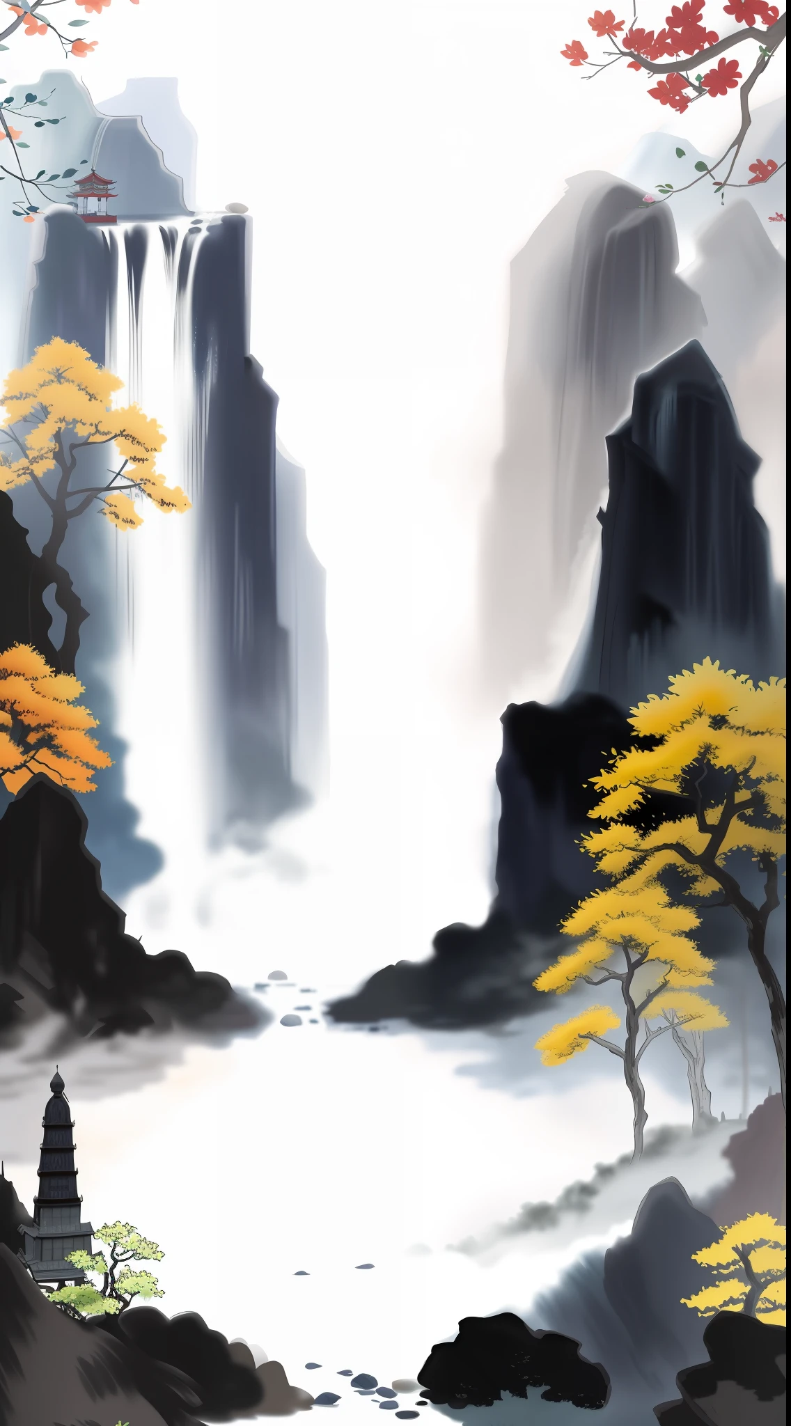there is a painting of a waterfall and a pagoda in the middle of the picture, detailed scenery —width 672, chinese painting style, chinese watercolor style, inspired by Xiao Yuncong, scenery artwork, chinese style painting, chinese landscape, detailed painting 4 k, 4k digital painting, 4 k digital painting, inspired by Dong Qichang