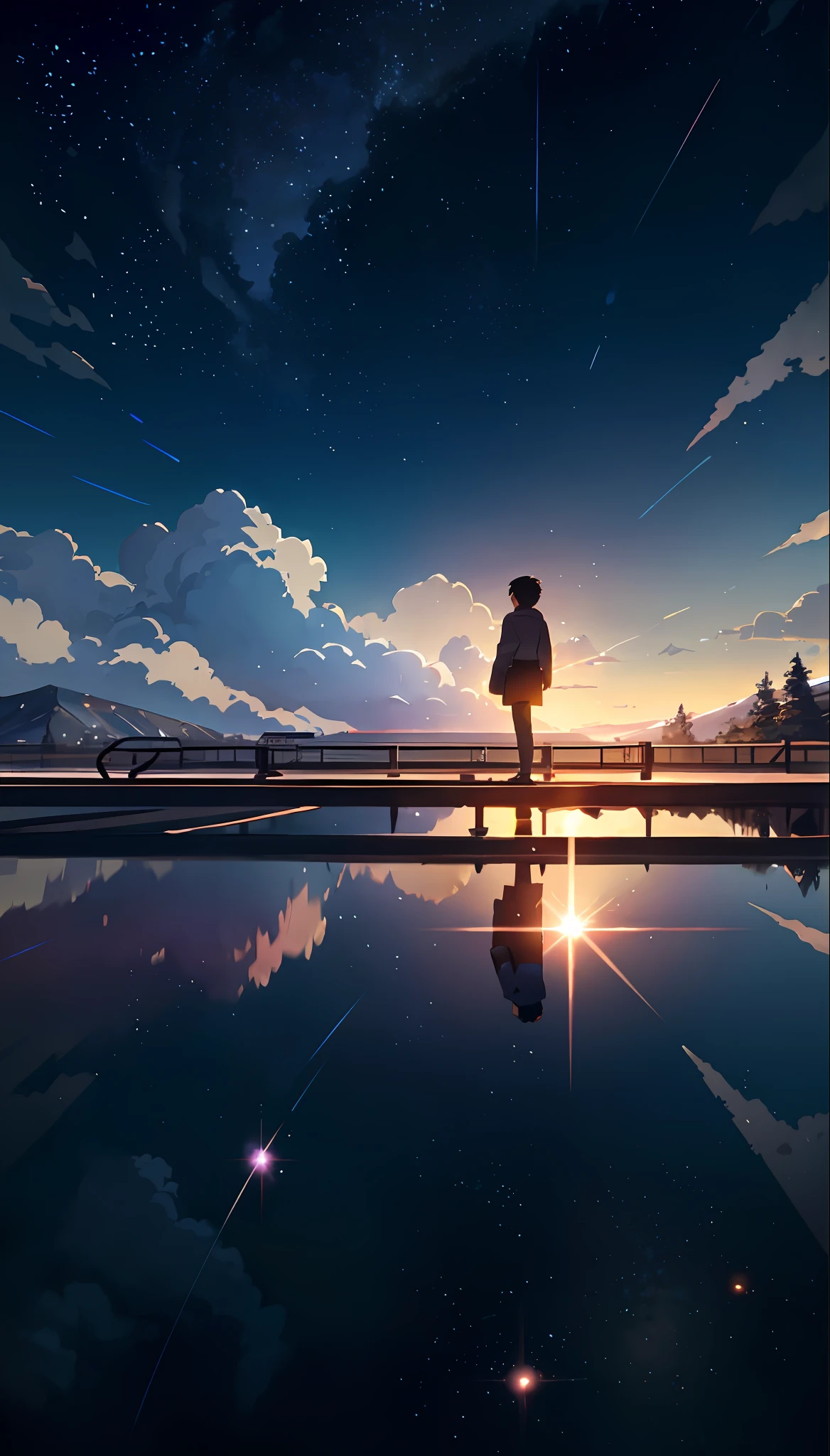 Masterpiece, anime train passing through bodies of water on tracks, bright starry sky. Romantic train, Makoto Shinkai's picture, pixiv, concept art, lofi art style, reflection. by Makoto Shinkai, lofi art, Beautiful anime scene, Anime landscape, detailed scenery —width 672, in style of Makoto shinkai, style of Makoto shinkai, enhanced details.