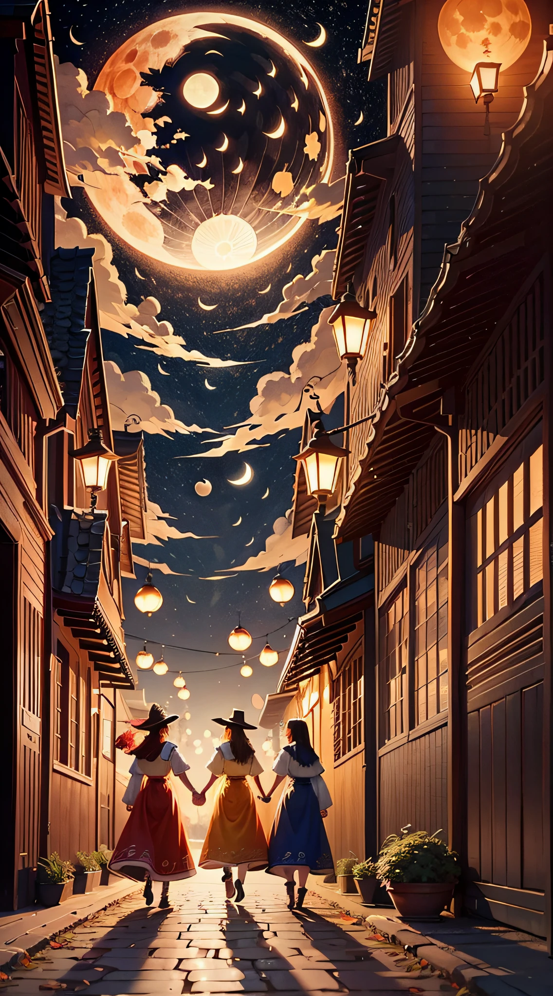 An illustration about the Mid-Autumn Festival, two people holding hands, there is a moon, a magpie, warm colors, mainly red and yellow --auto --s2
