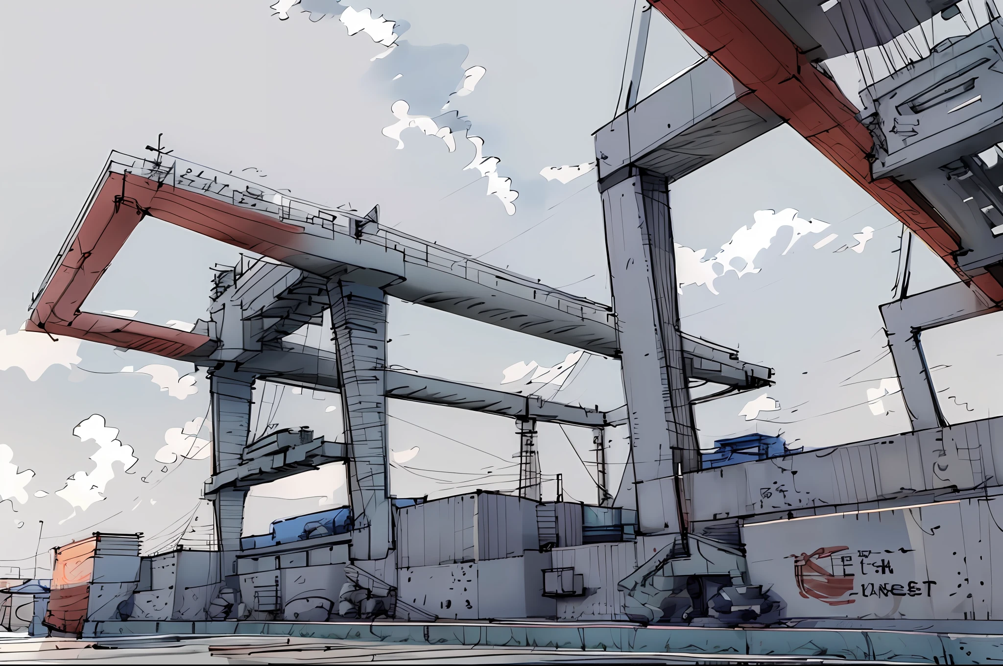 linear, gray, white background, simple background, sketch, sketch, pen_sketch_style, huge machine cranes, yard, photo shows large, photo taken in 2 0 2 0, photo taken from afar, shipyard, dsrl photo, it is very huge, detected photo, profile view from afar, crane