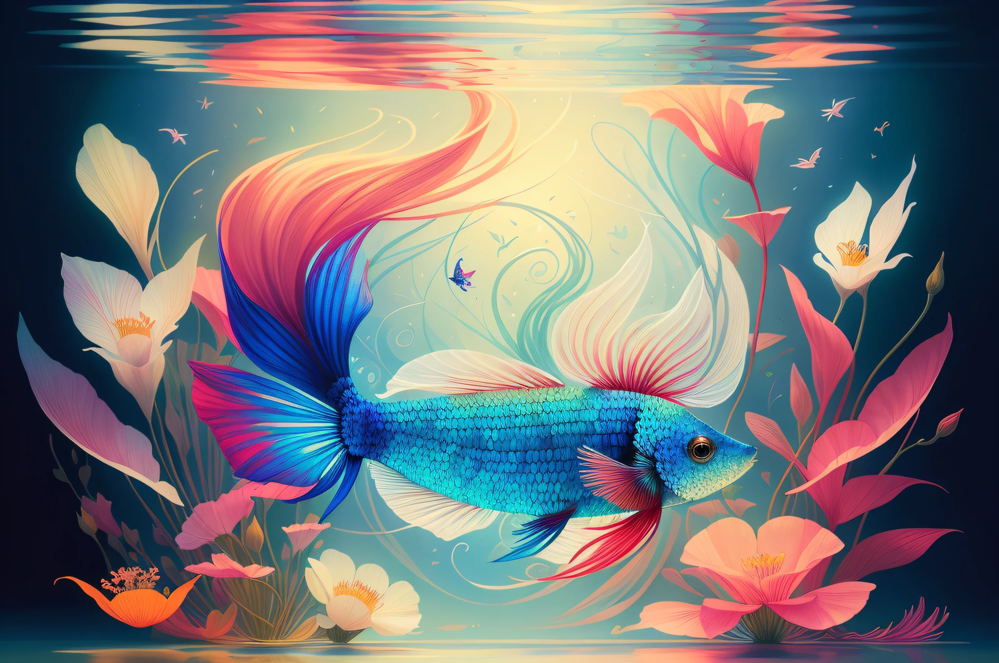 (Illustration:1.3) beautiful betta fish swimming with flowers (by Artist Anna Dittman:1), (((masterpiece))), (((best quality))), ((ultra-detailed)),(detailed light),((an extremely delicate and beautiful)),