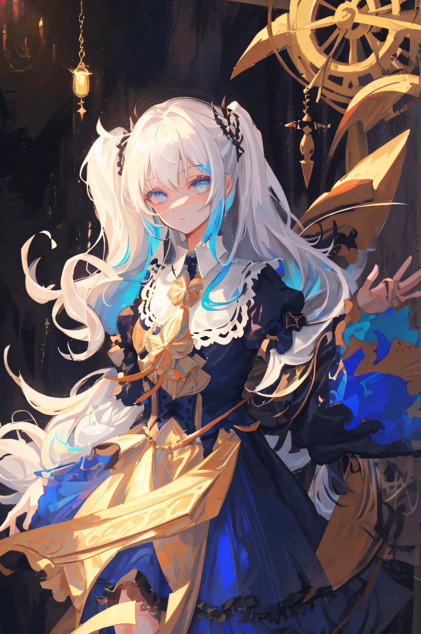 (1girl),gothic,twintails,white hair, organza lace,Gorgeous and fussy clothes,gothic, flying, blue, (colorful)
bold strokes, gradient blends, motion blur, shimmering textures, dynamic composition, atmospheric perspective, impressionistic,
(masterpiece), (best quality), Amazing, (beautiful detailed eyes), (finely detail), Depth of field, extremely detailed CG, original, extremely detailed wallpaper, (vivid colors), cinematic lighting, (colorful), blush,